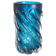 Tall, Mouth-Blown Blue Glass Vase.