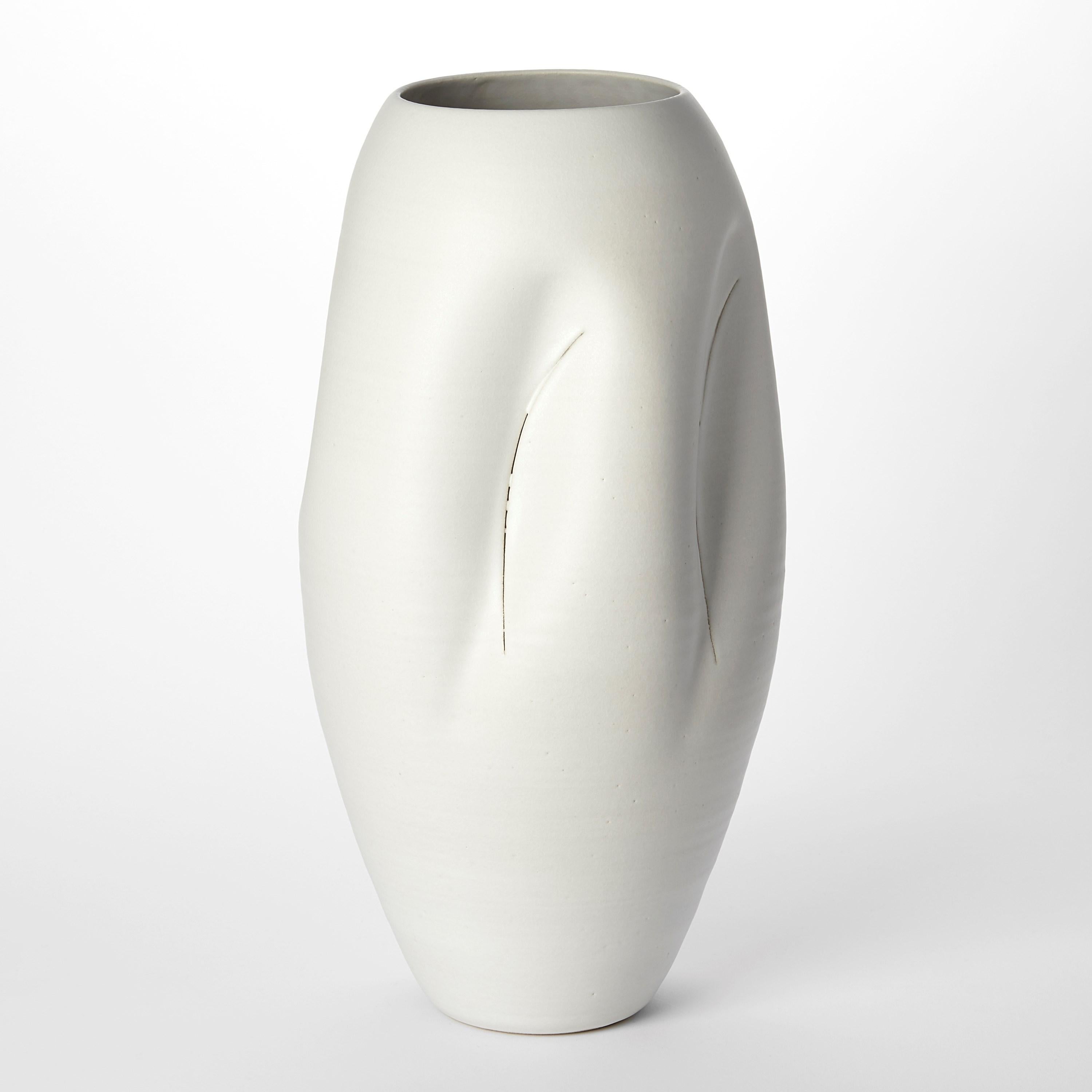 Spanish Tall Multi-Slashed Form No 120, white ceramic vase by Nicholas Arroyave-Portela For Sale