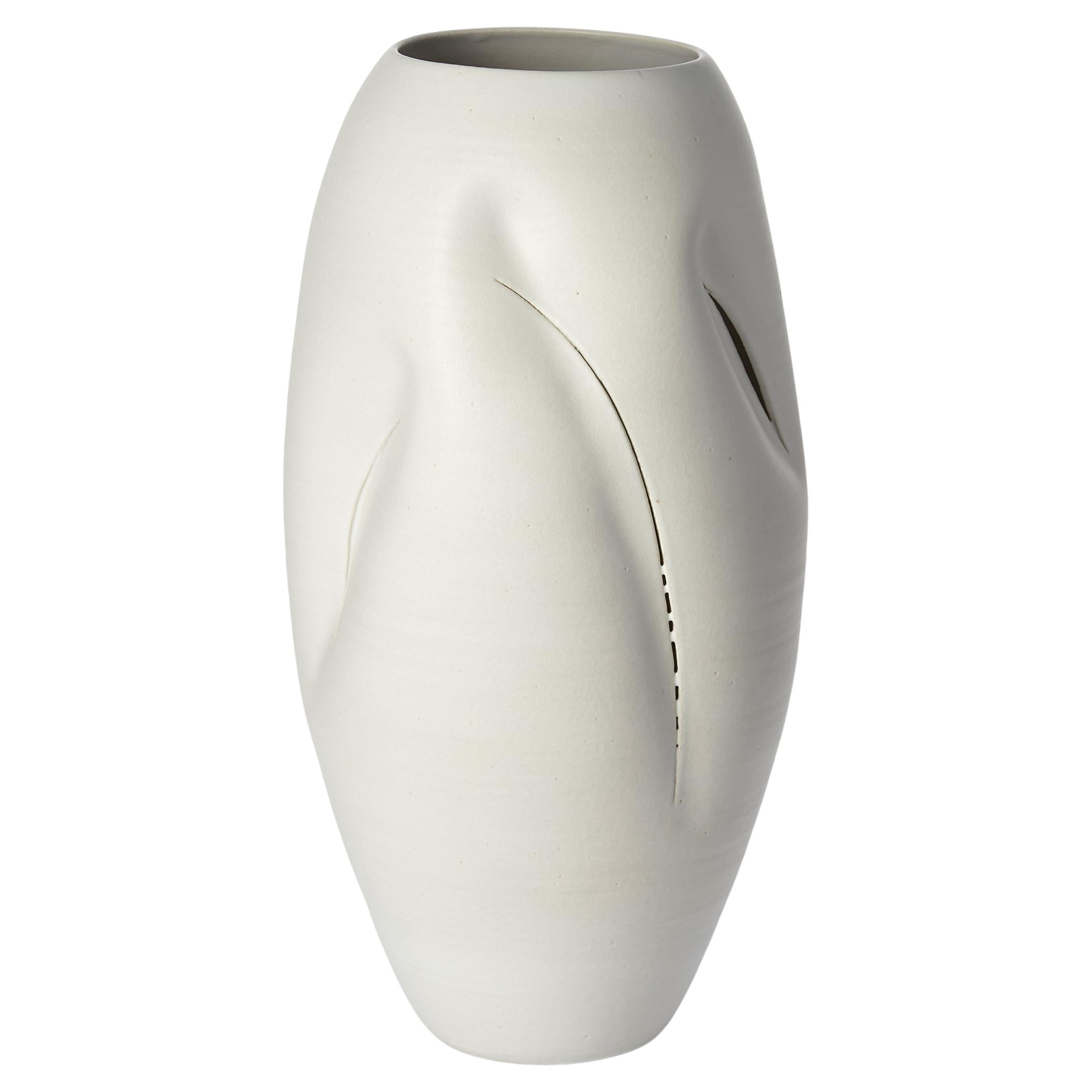 Tall Multi-Slashed Form No 120, white ceramic vase by Nicholas Arroyave-Portela For Sale