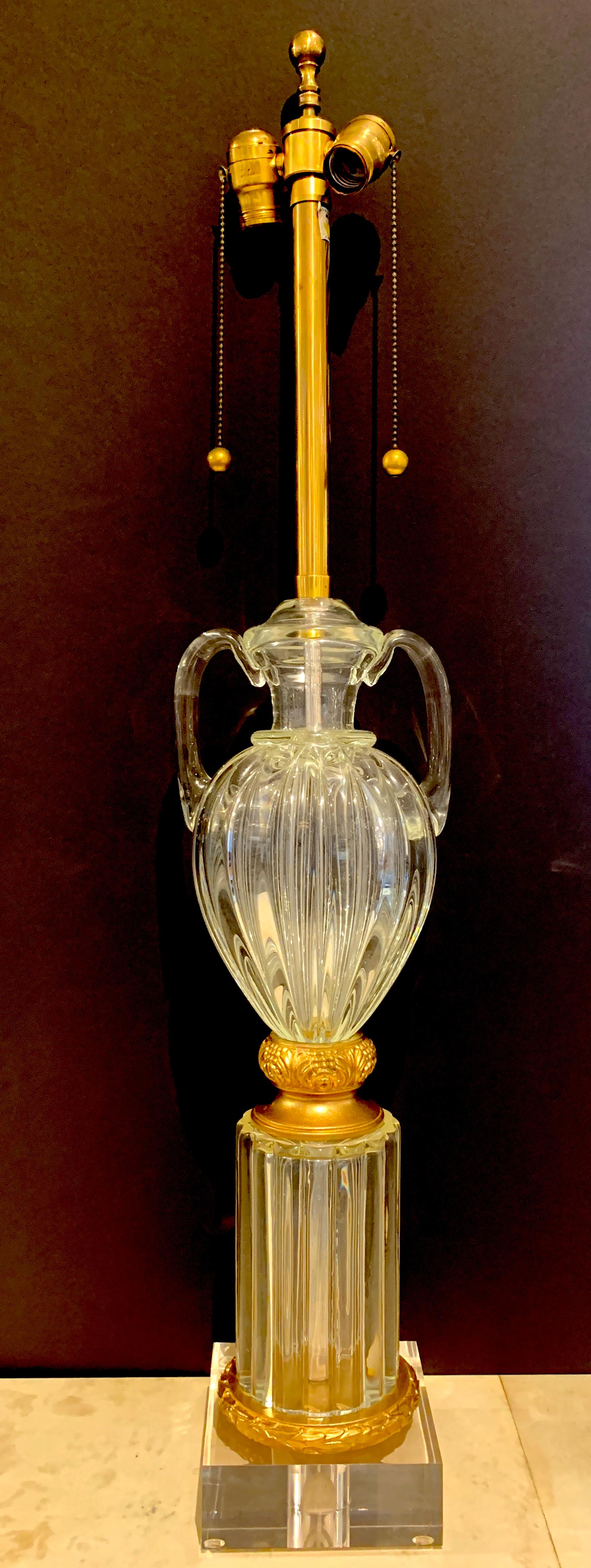Tall Murano glass Amphora lamp by Marbro, great size and scale, rare colorless Murano glass, crisp and clear. New wiring 
The lamp to the top of the finial measures 39
