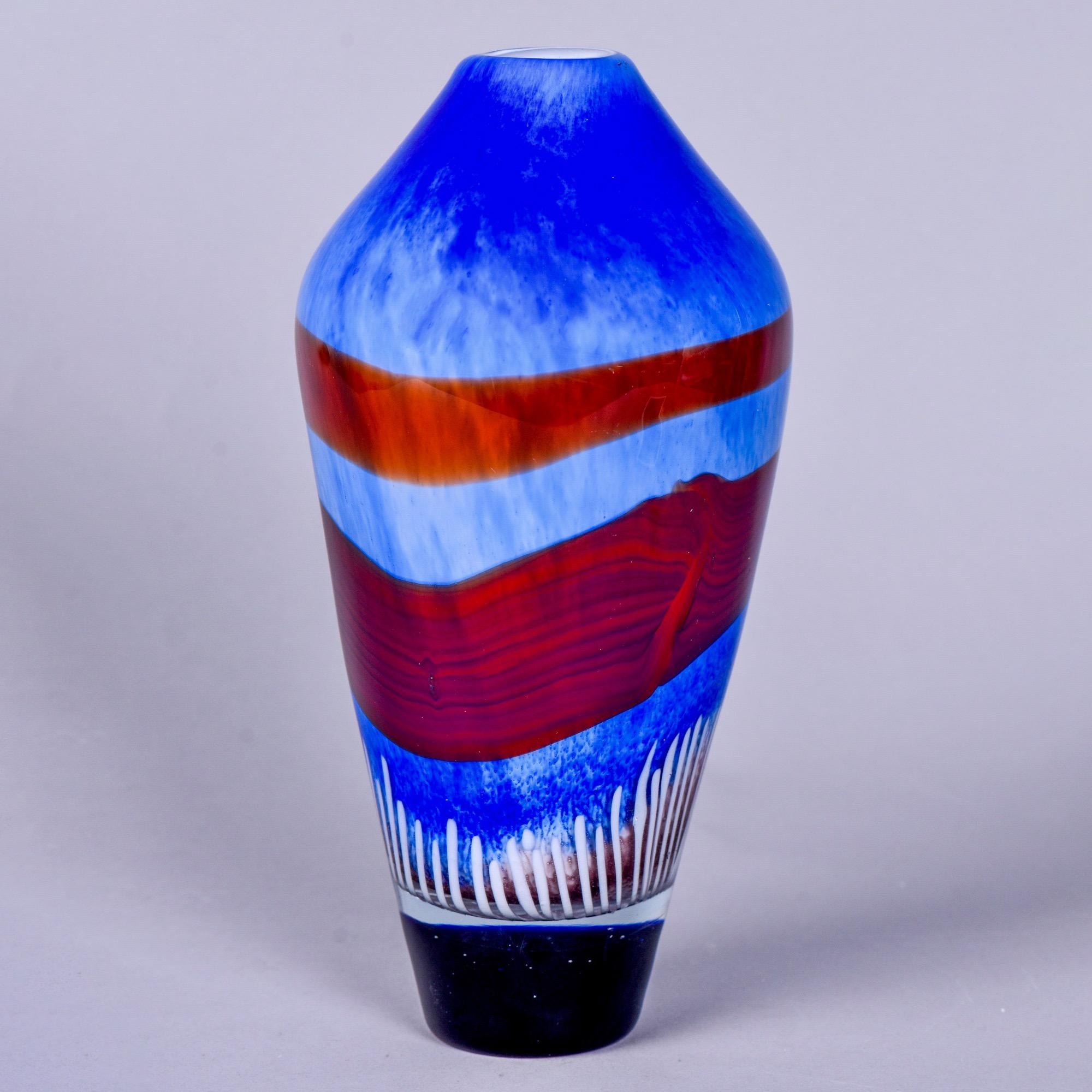 Italian Tall Murano Glass Vase in Azure Blue with Burgundy and White Accents