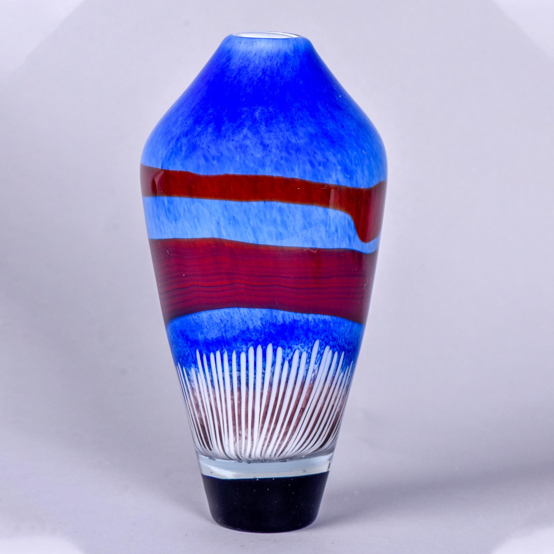 Tall Murano Glass Vase in Azure Blue with Burgundy and White Accents In Excellent Condition In Troy, MI