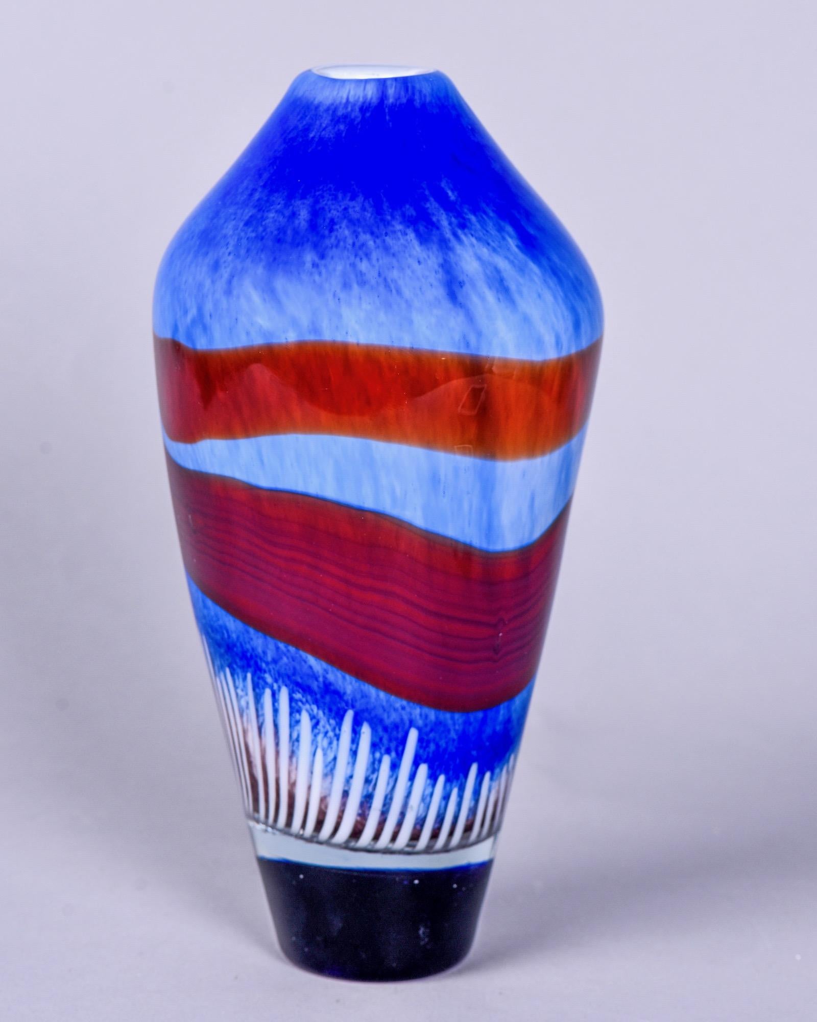 Contemporary Tall Murano Glass Vase in Azure Blue with Burgundy and White Accents