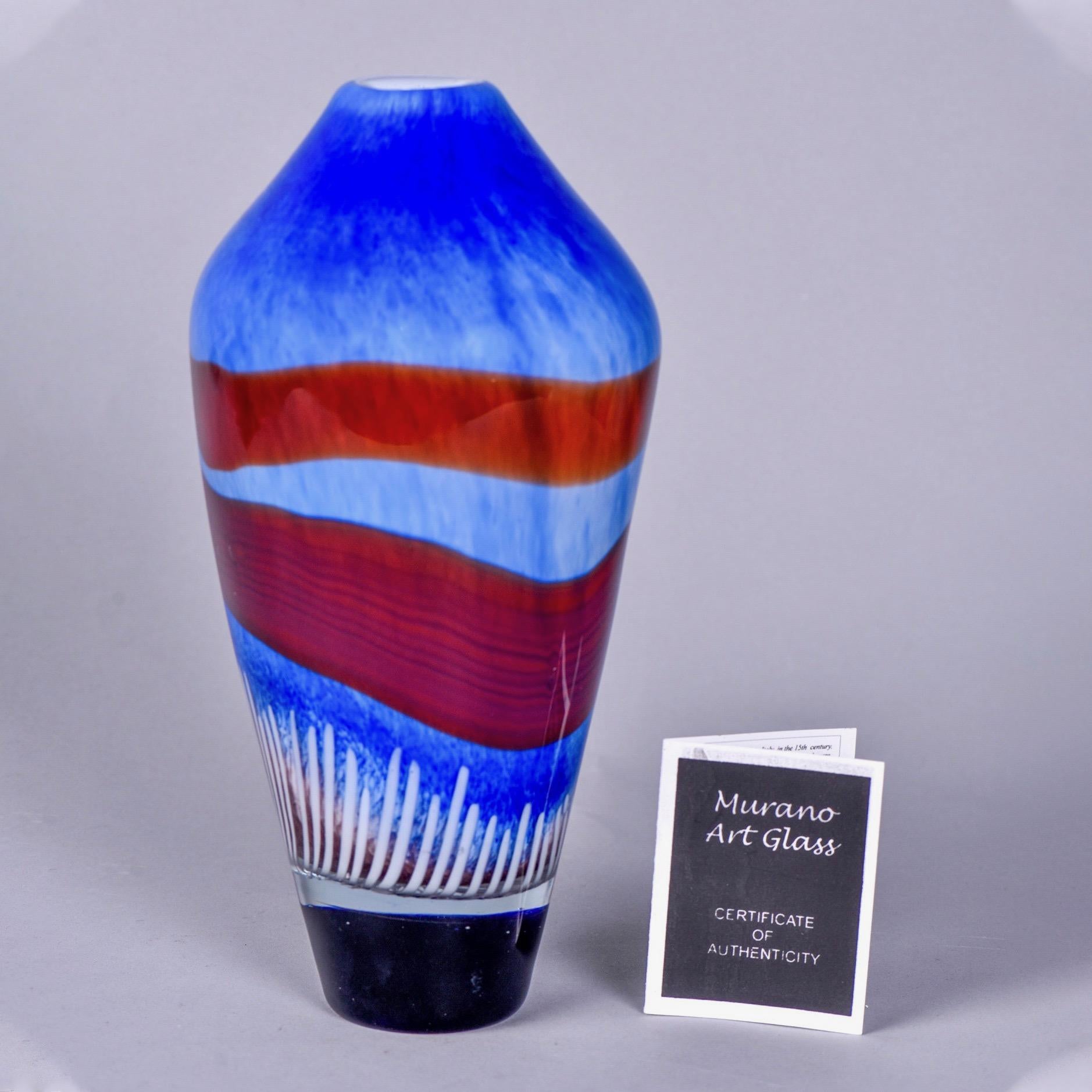 Tall Murano Glass Vase in Azure Blue with Burgundy and White Accents 3