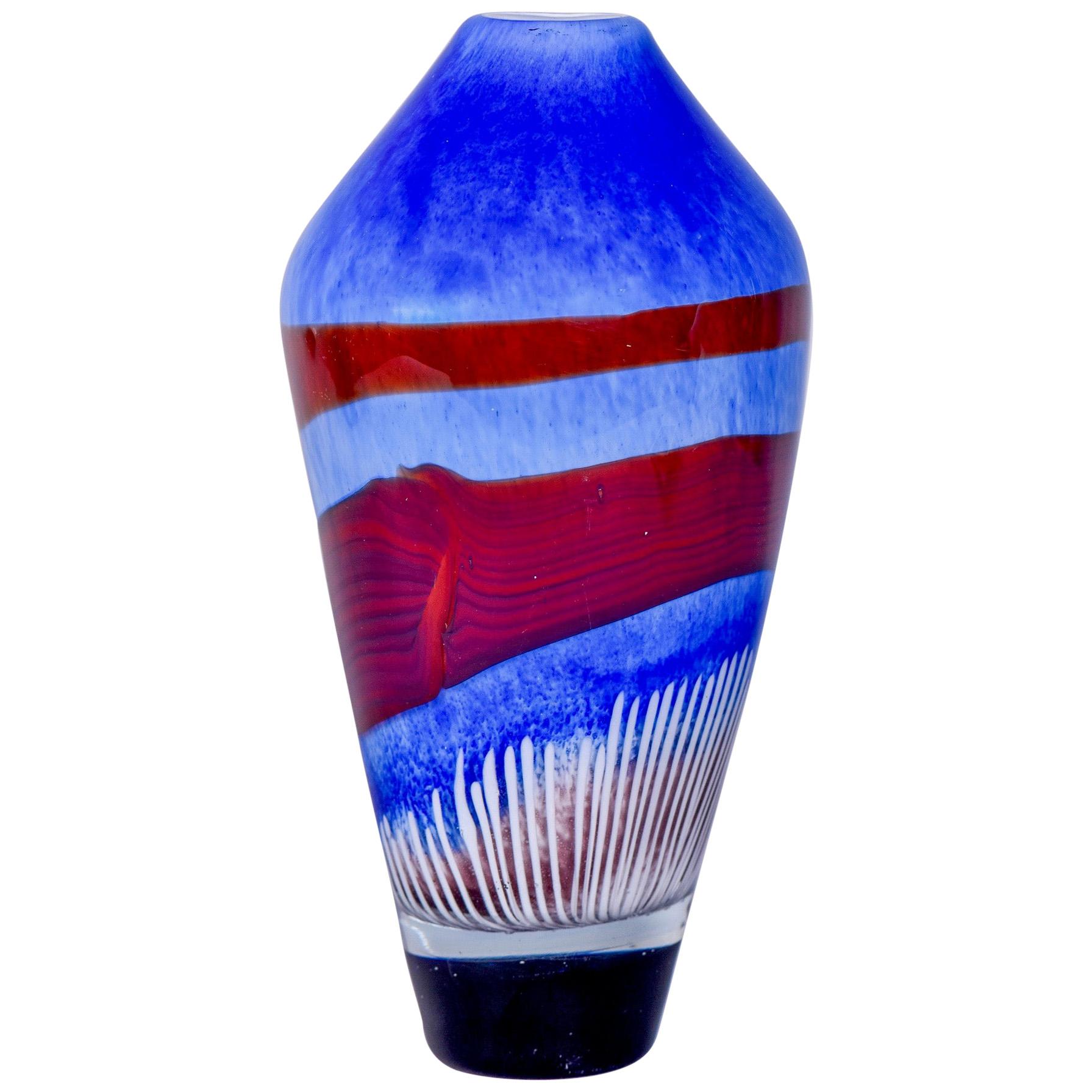 Tall Murano Glass Vase in Azure Blue with Burgundy and White Accents