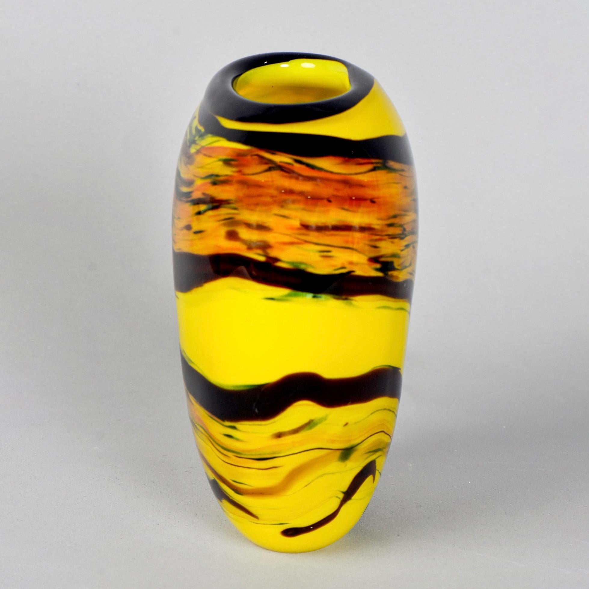 Mid-Century Modern Tall Murano Glass Vase in Yellow with Black Bands