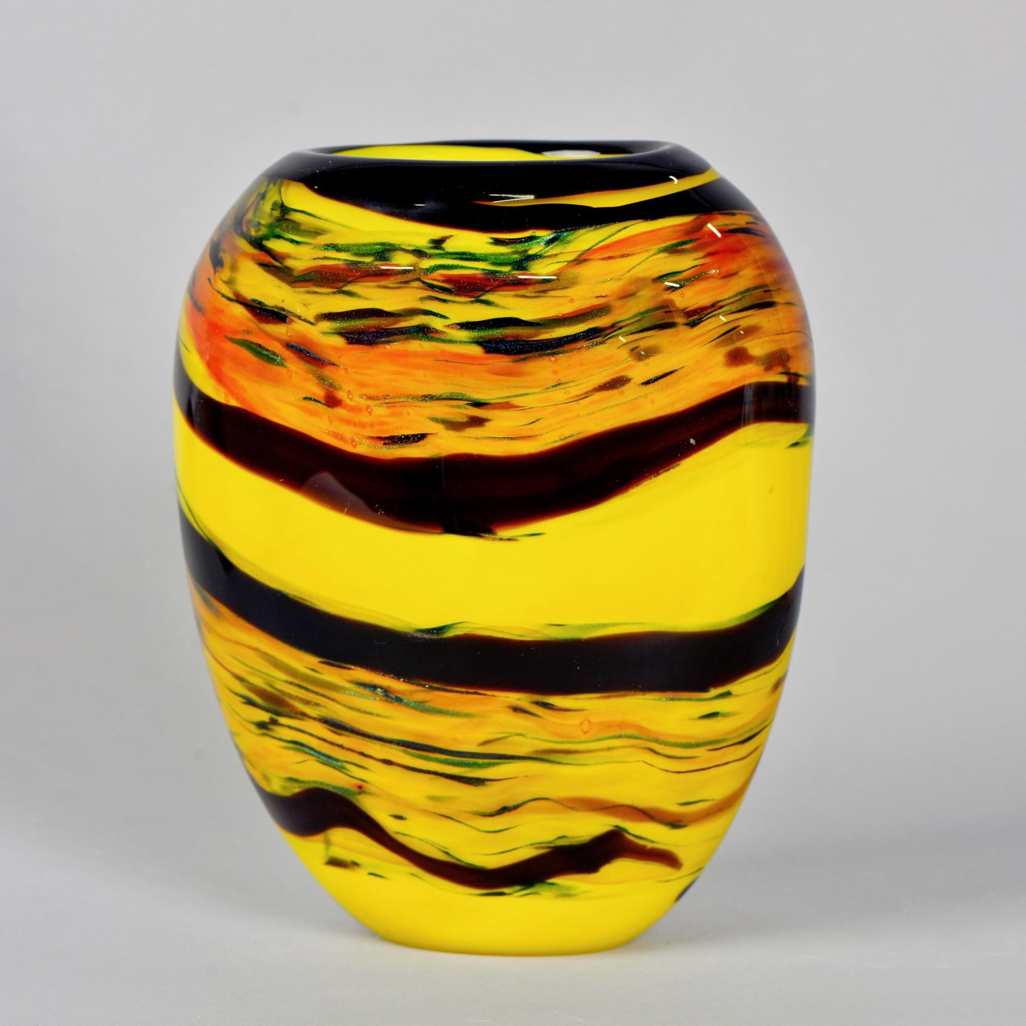 Italian Tall Murano Glass Vase in Yellow with Black Bands