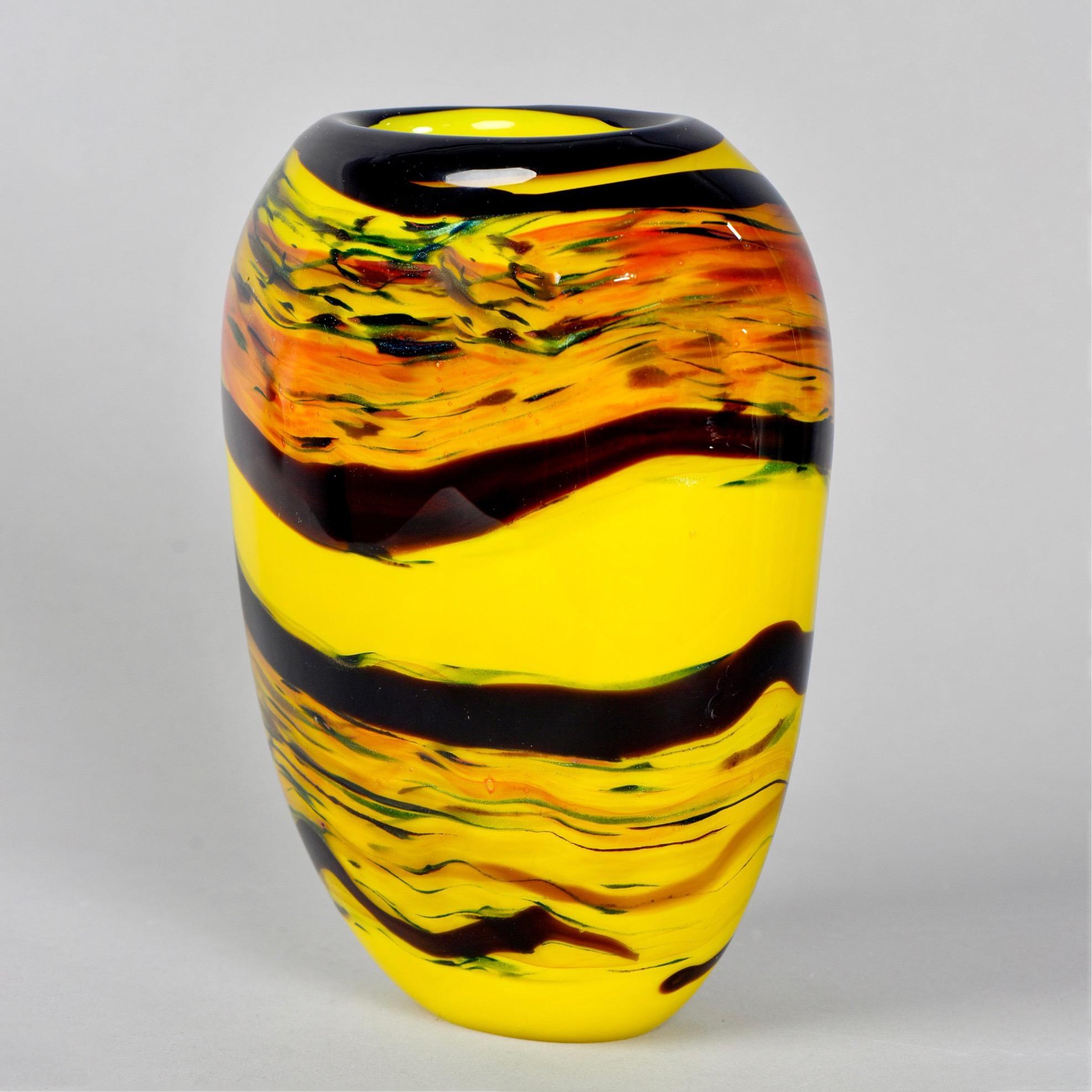 Tall Murano Glass Vase in Yellow with Black Bands 1