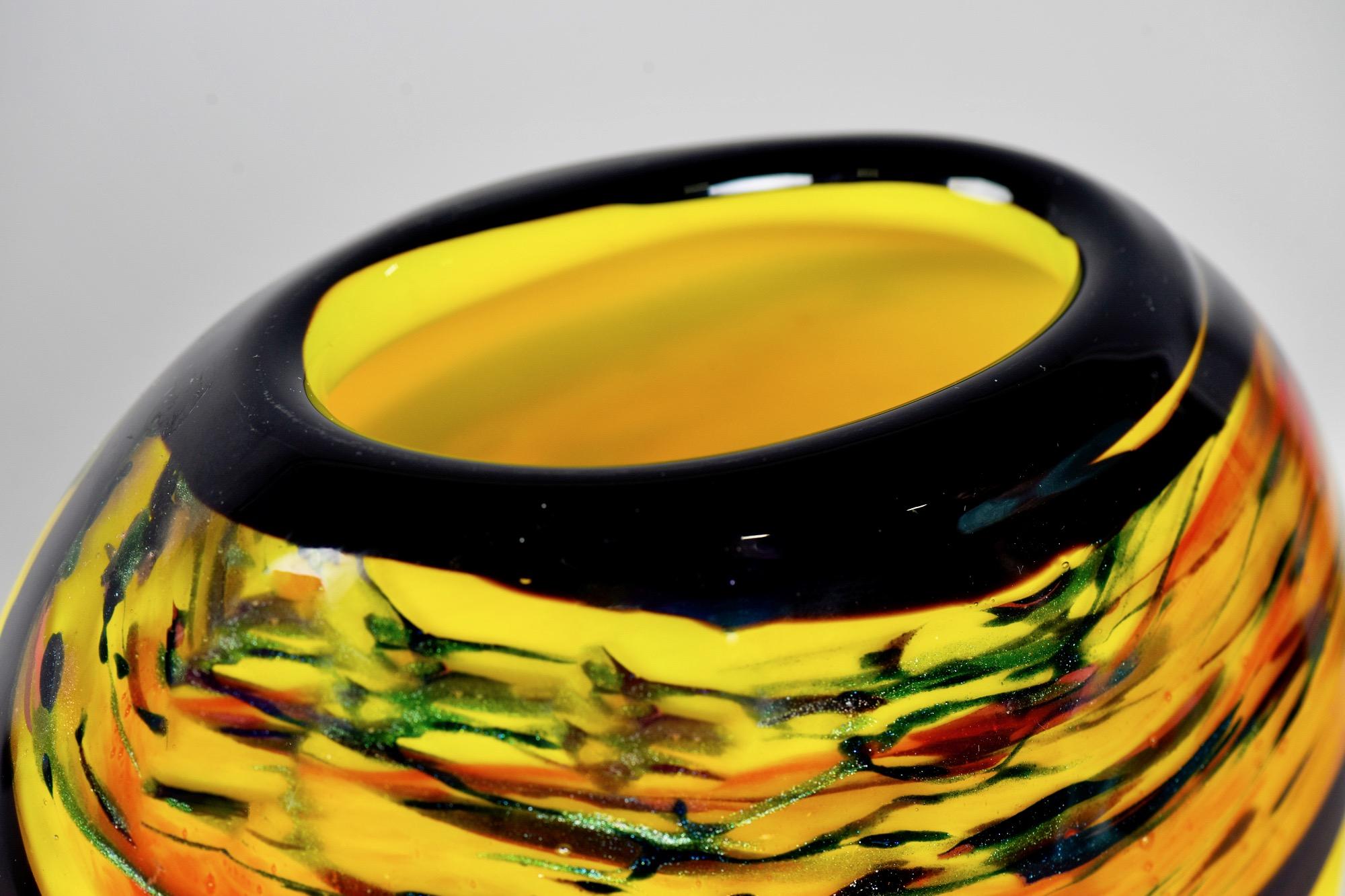 Tall Murano Glass Vase in Yellow with Black Bands 2