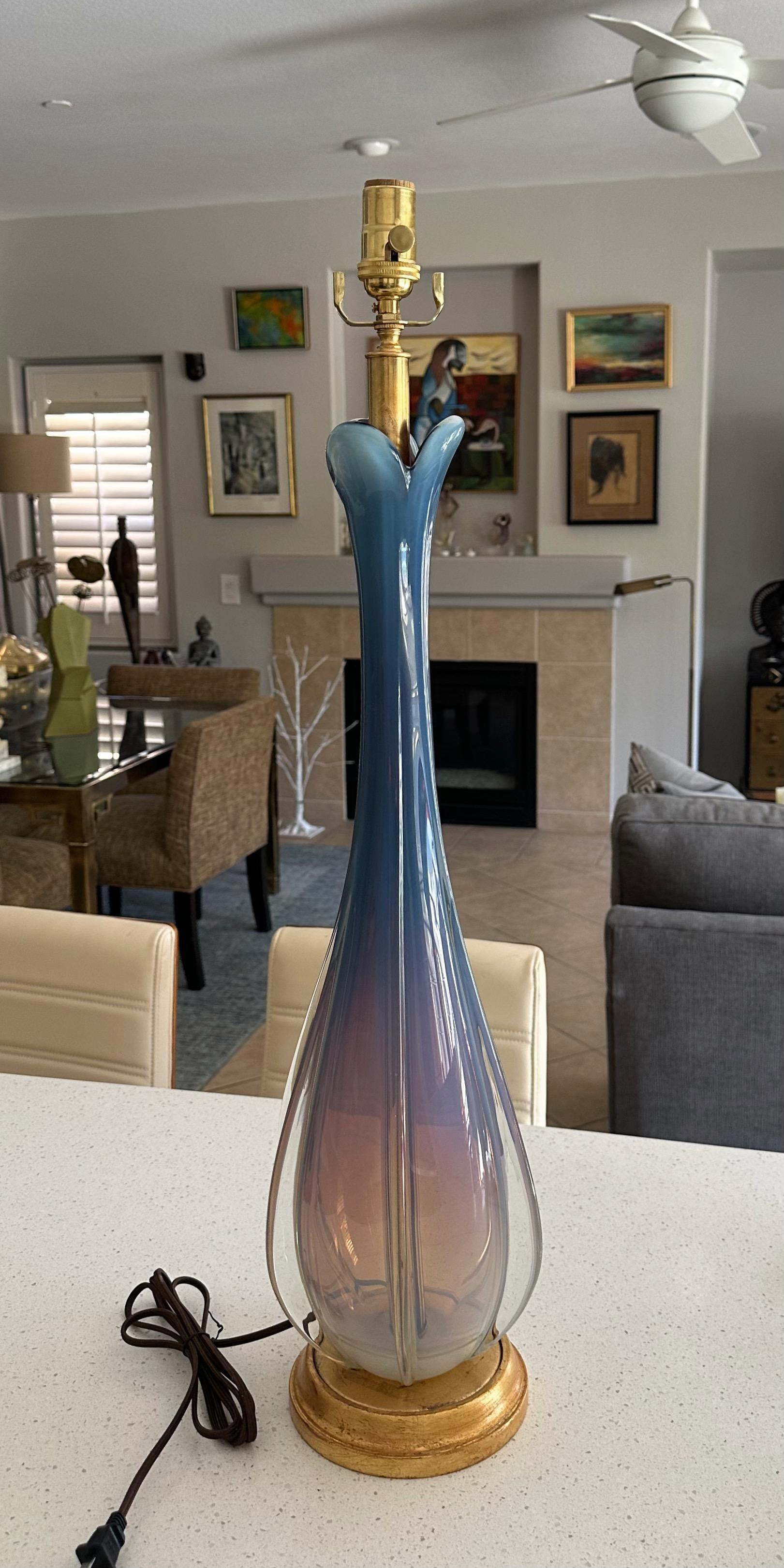 Mid-Century Modern Tall Murano Italian Blue Winged Opalescent Table Lamp For Sale