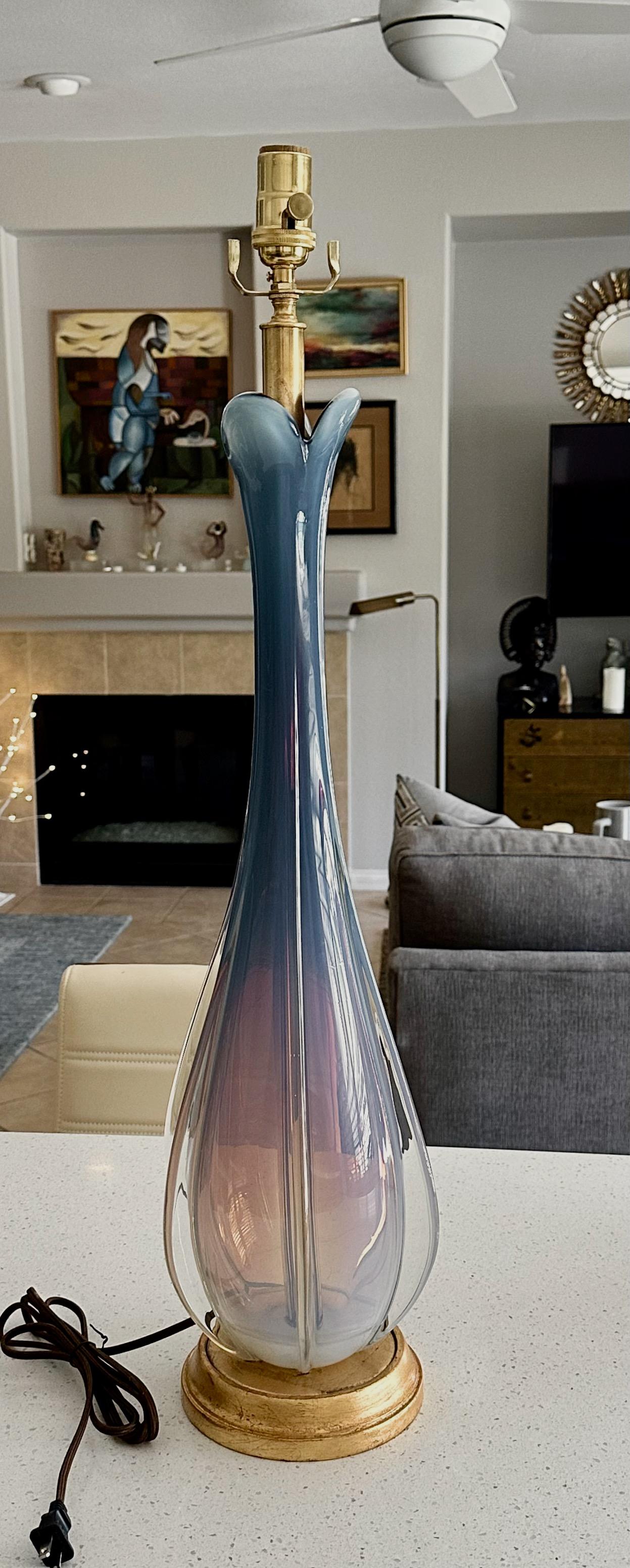 Tall Murano Italian Blue Winged Opalescent Table Lamp In Good Condition For Sale In Palm Springs, CA