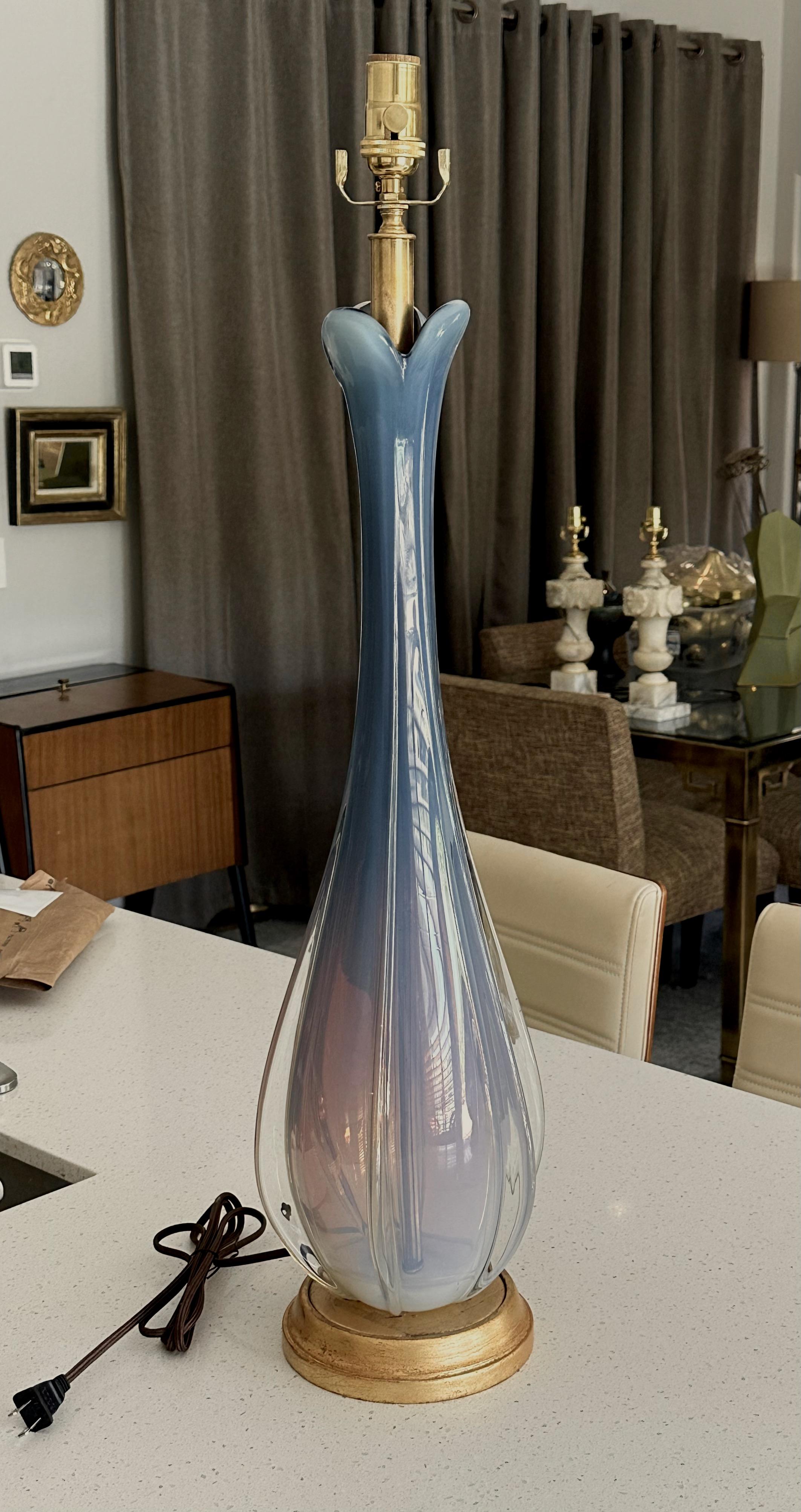 Blown Glass Tall Murano Italian Blue Winged Opalescent Table Lamp For Sale