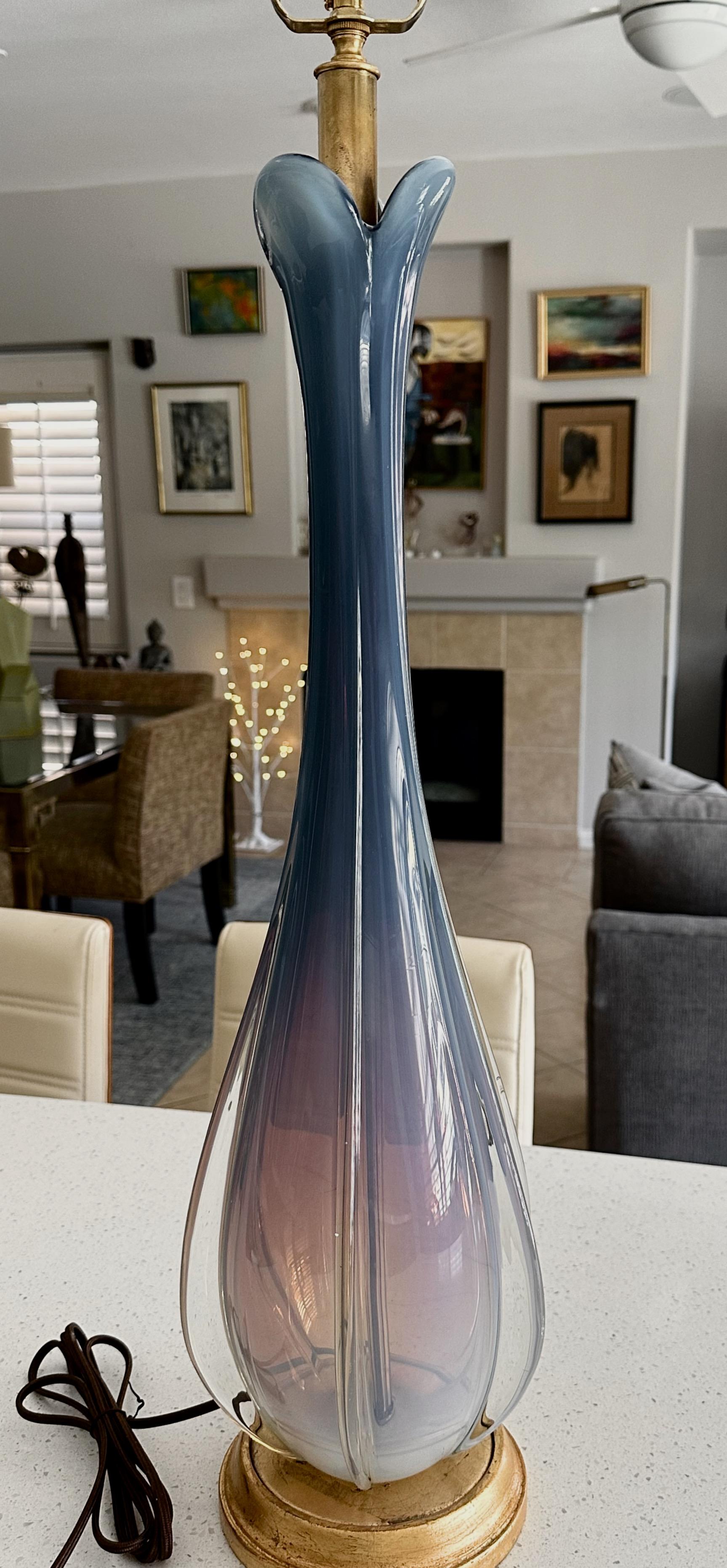 Tall Murano Italian Blue Winged Opalescent Table Lamp For Sale 1