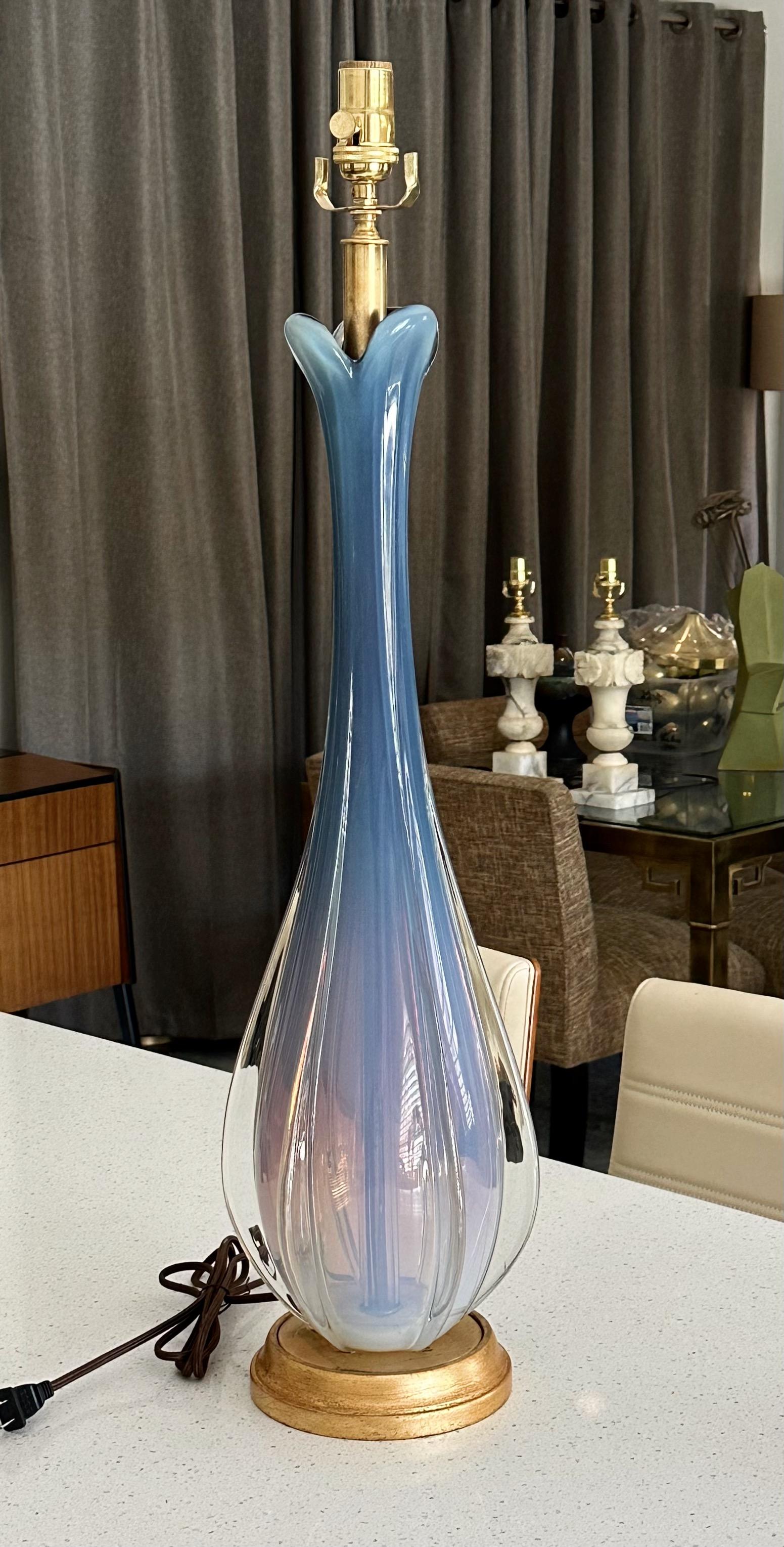 Tall Murano Italian Blue Winged Opalescent Table Lamp For Sale 3