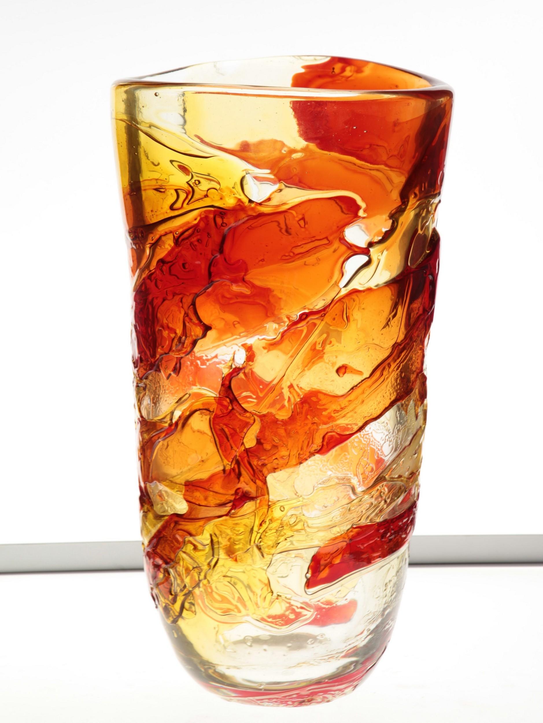 Italian Tall Murano Vase with Hot Glass Colors Applied in the Manner of Gae Aulenti