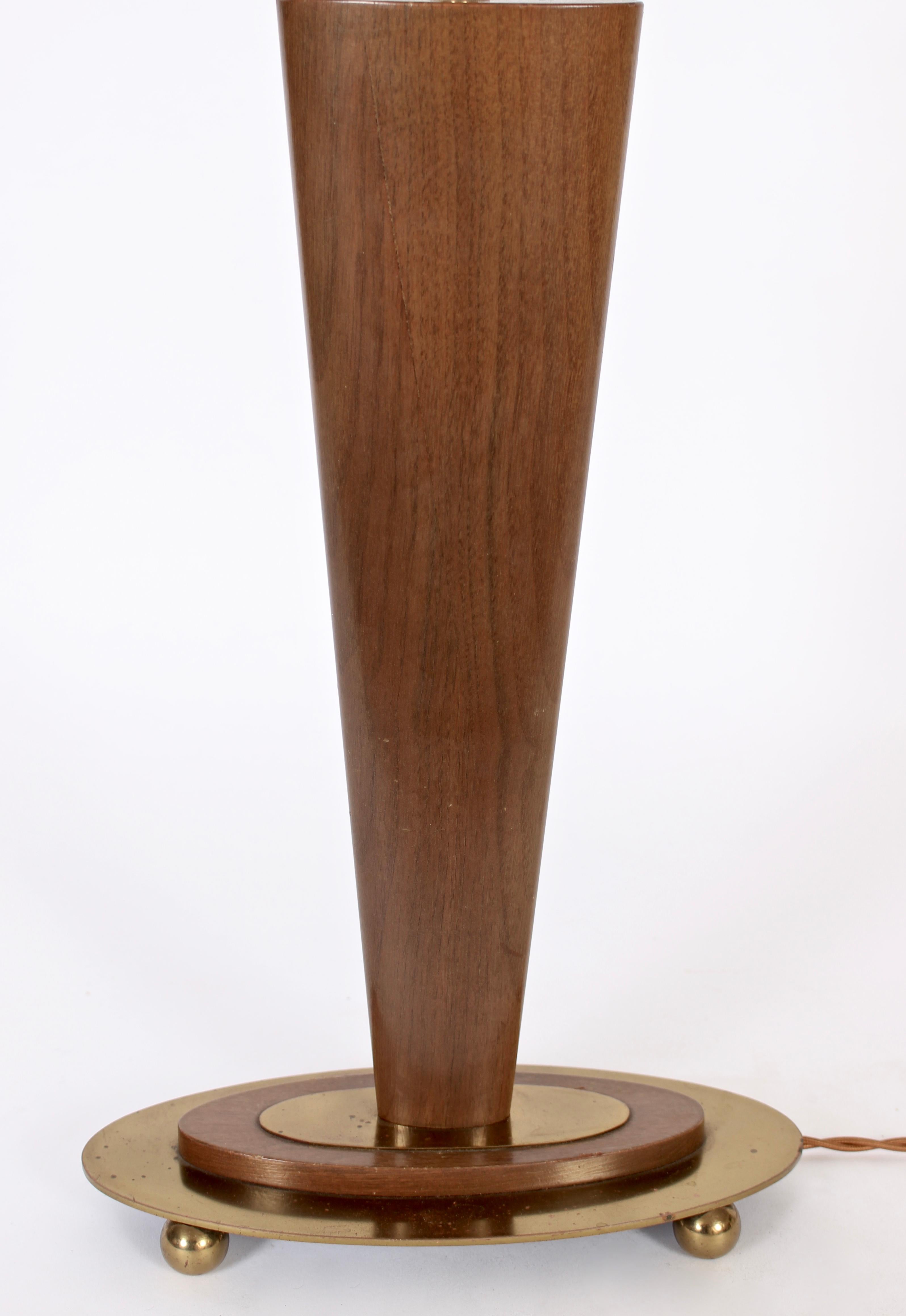 Plated Tall Mutual Sunset Walnut & Brass Table Lamp on Footed Oval Base, 1950s For Sale