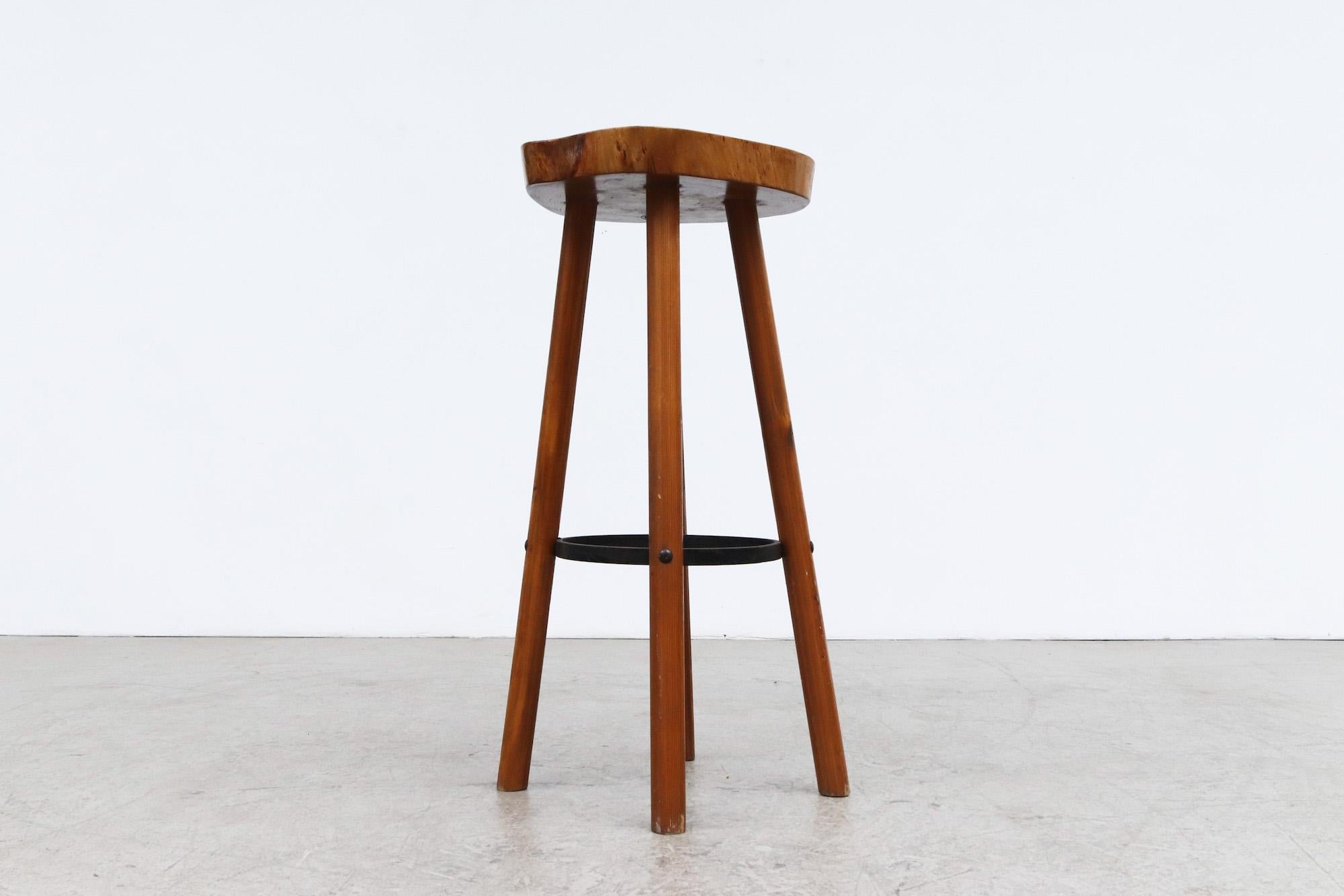 Tall Nakashima Inspired Bar Stool with Tree Trunk Slice Live Edge Top In Good Condition For Sale In Los Angeles, CA