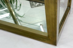 Libreria alta e stretta con finitura in ottone e ripiani regolabili in vetro.