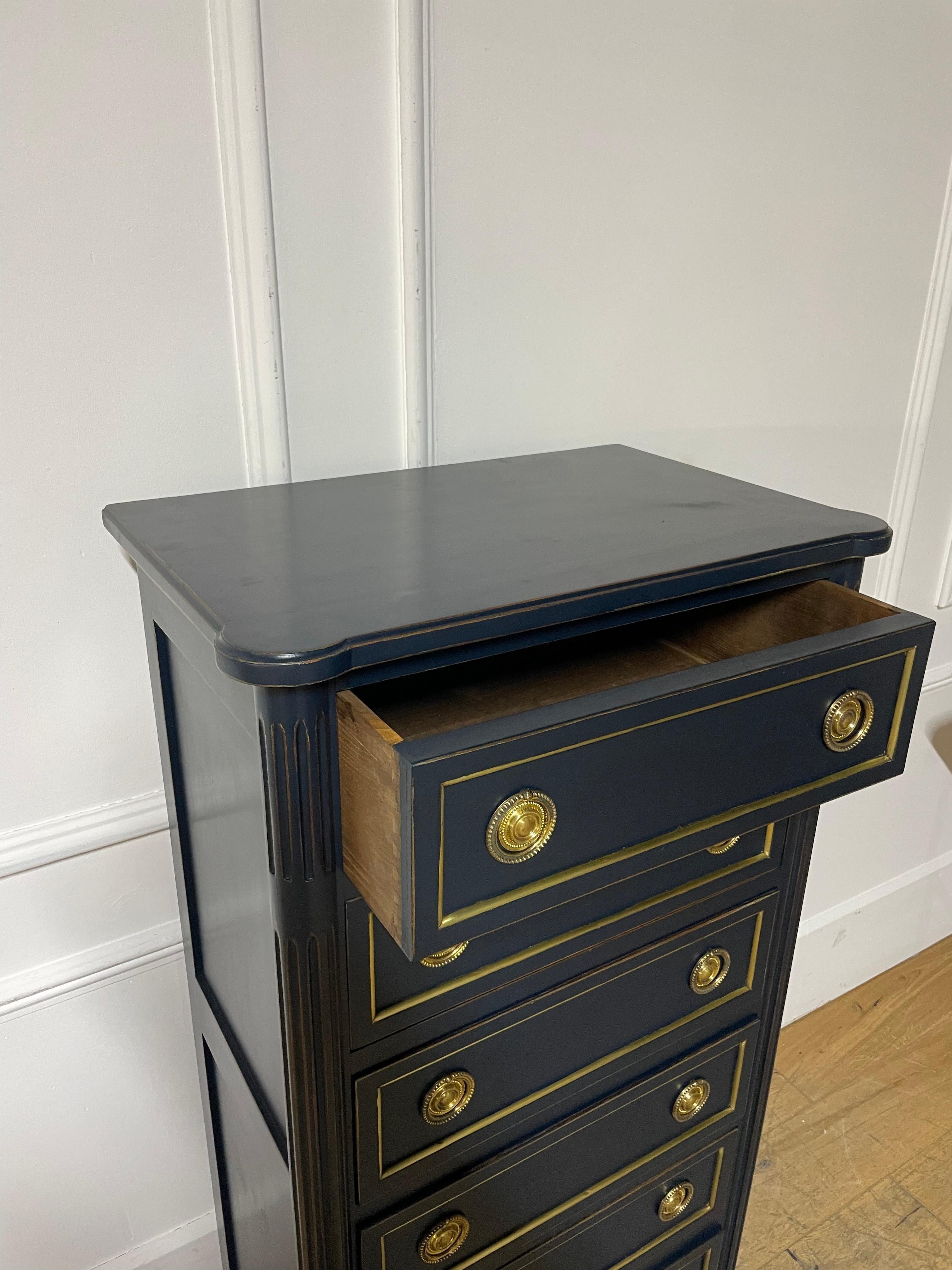 Tall narrow chest of drawers in the Louis XVI style dark blue 4