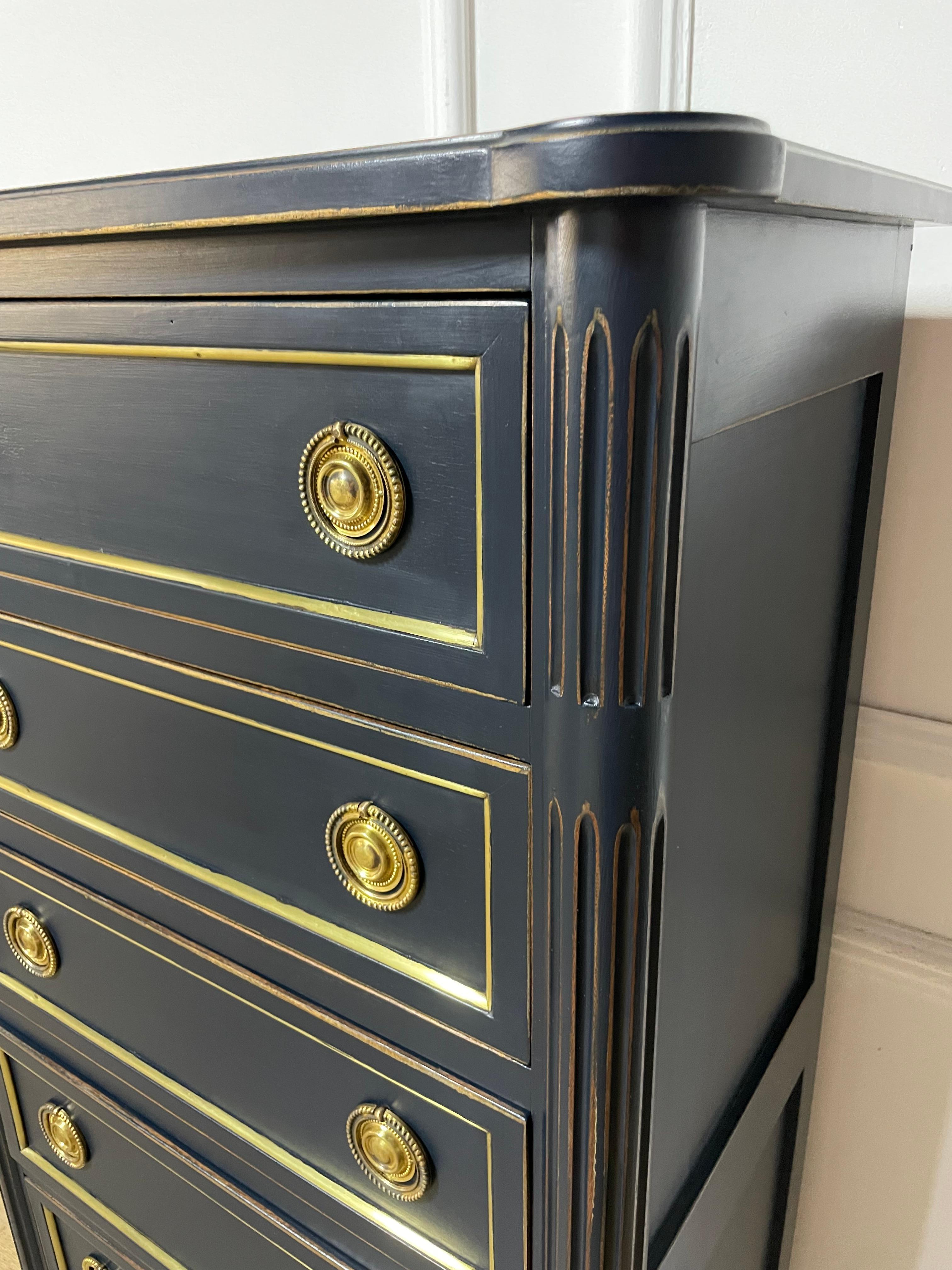 French Tall narrow chest of drawers in the Louis XVI style dark blue