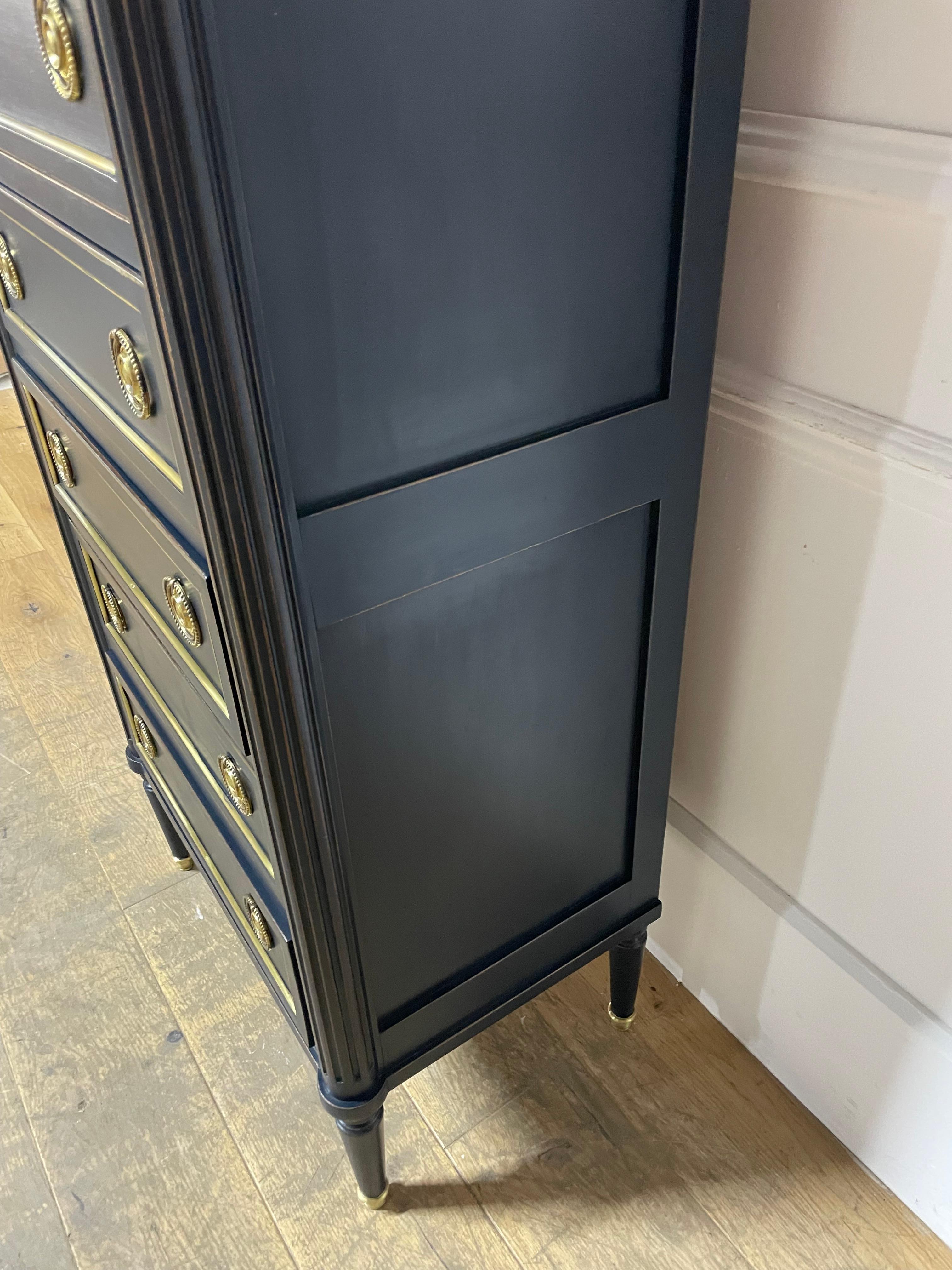 20th Century Tall narrow chest of drawers in the Louis XVI style dark blue