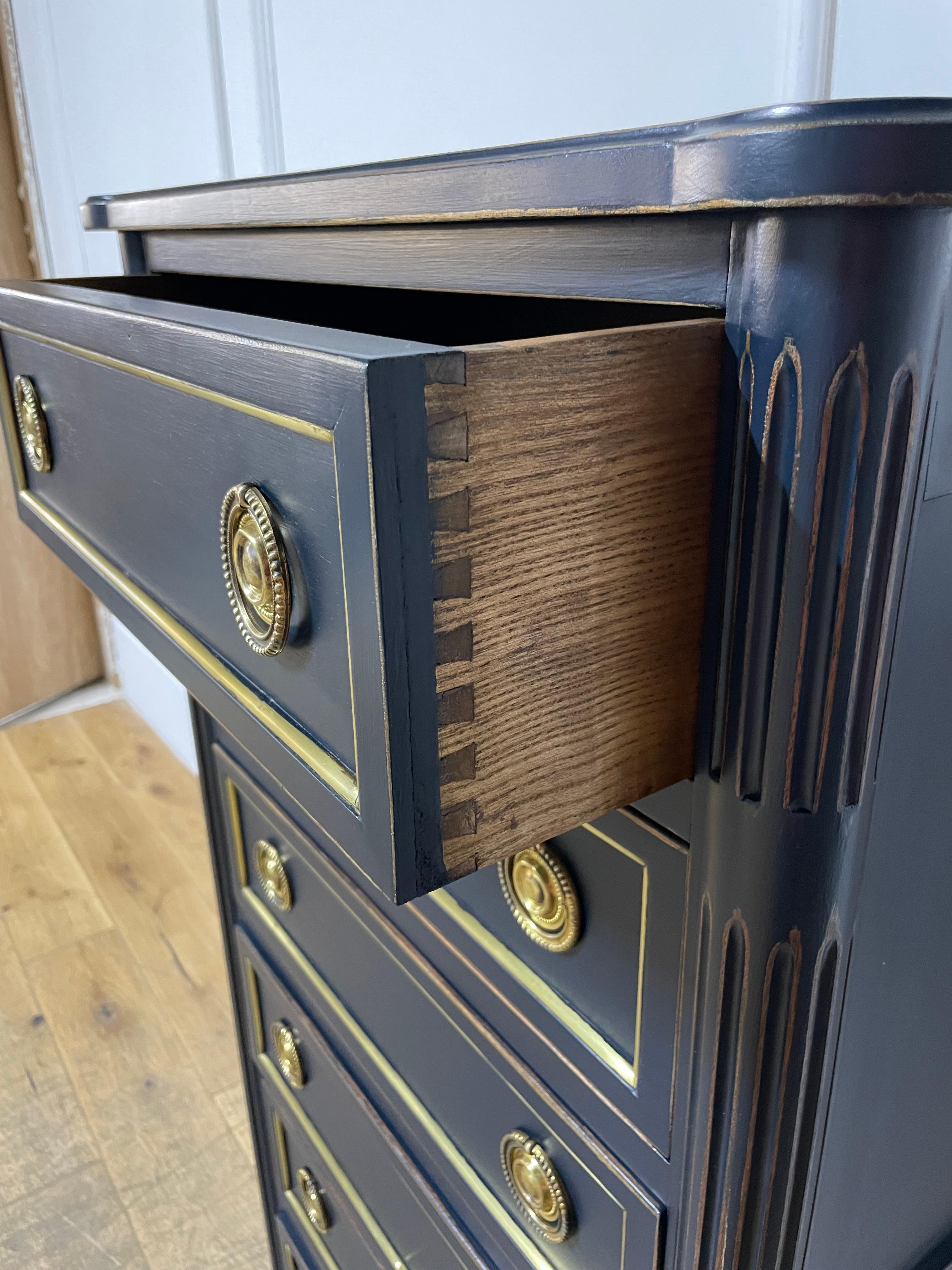 Sapele Wood Tall narrow chest of drawers in the Louis XVI style dark blue