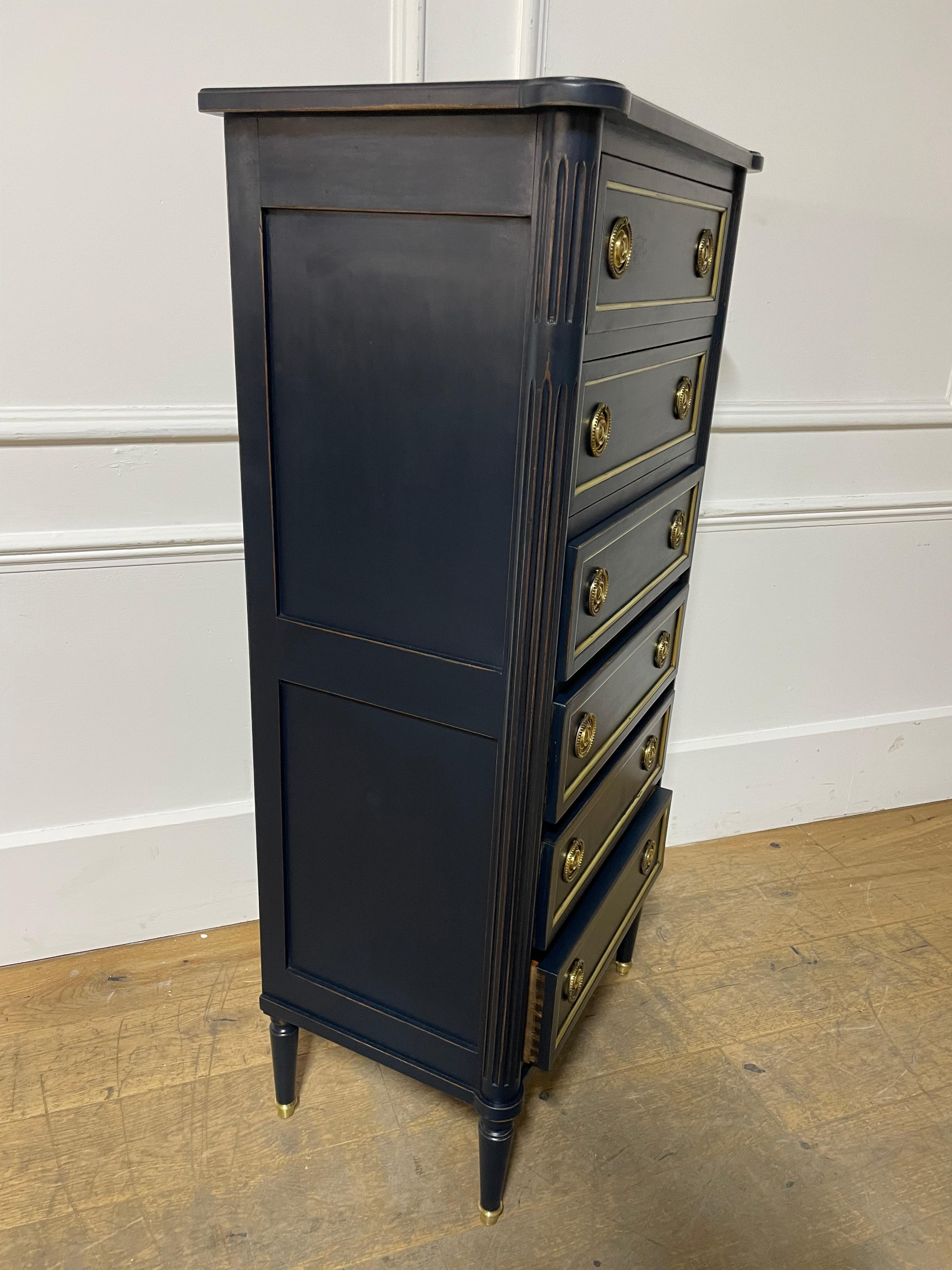 Tall narrow chest of drawers in the Louis XVI style dark blue 1