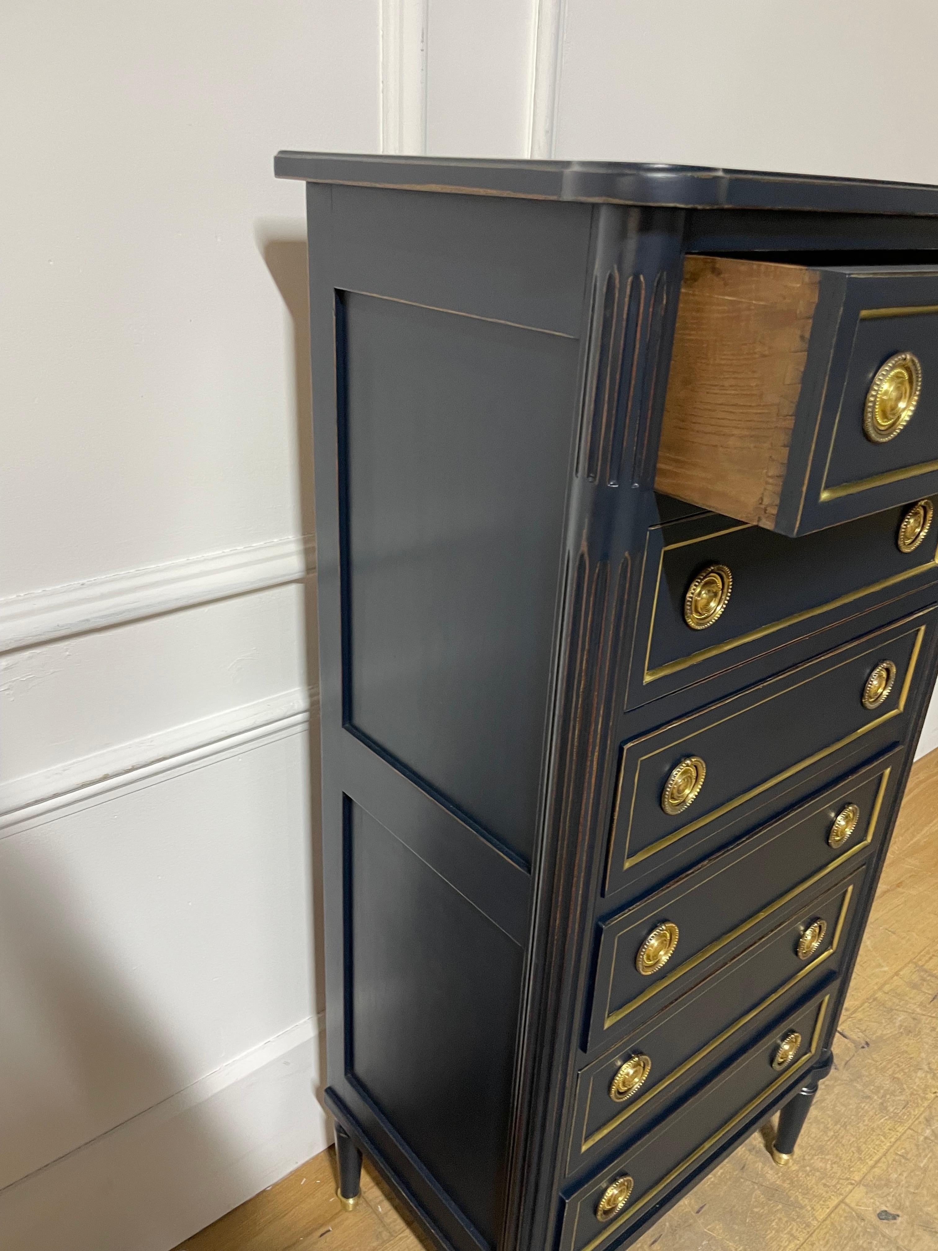 Tall narrow chest of drawers in the Louis XVI style dark blue 3