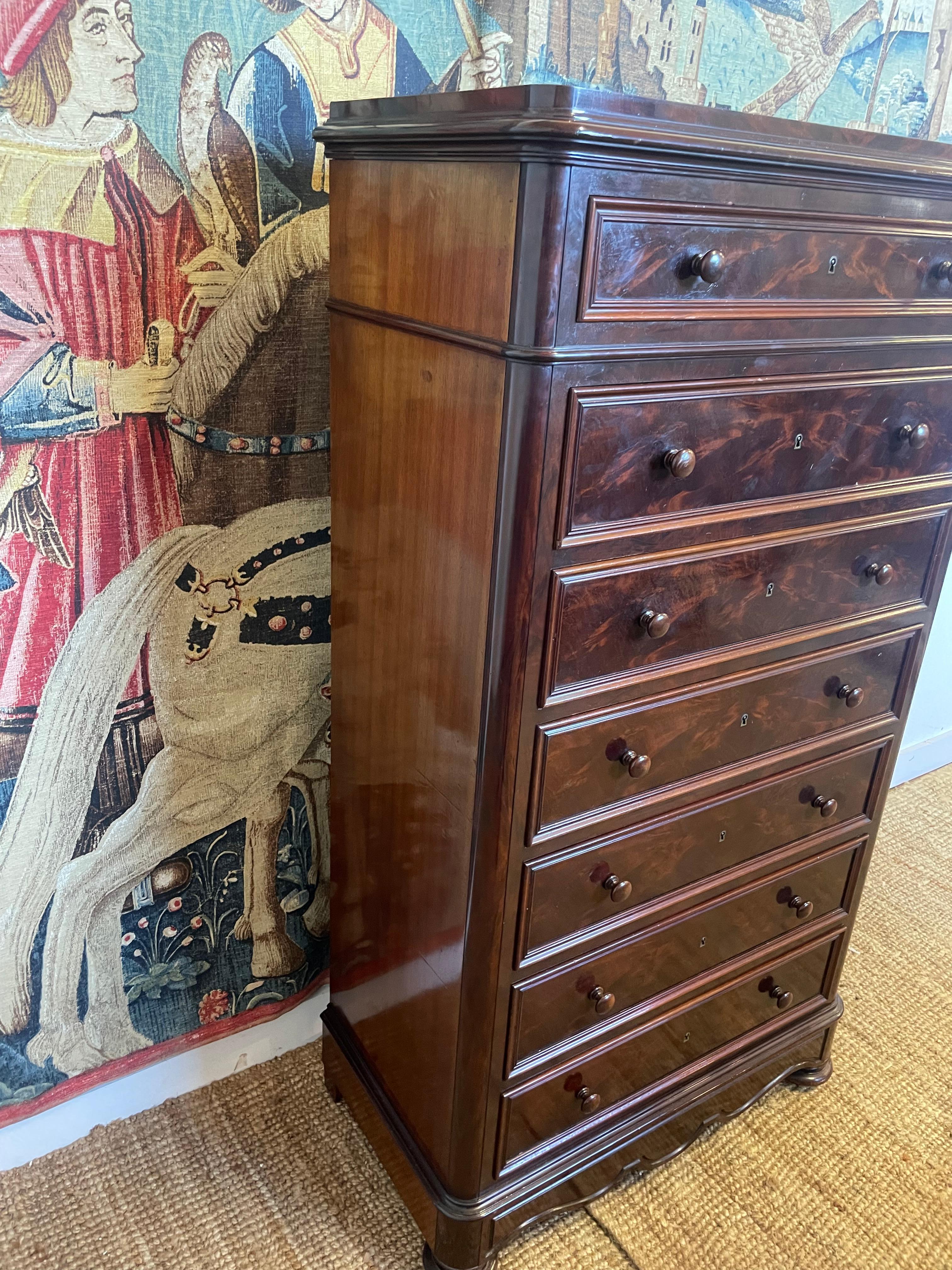 Mahogany Tall narrow chest of drawers / semainier / French commode  For Sale