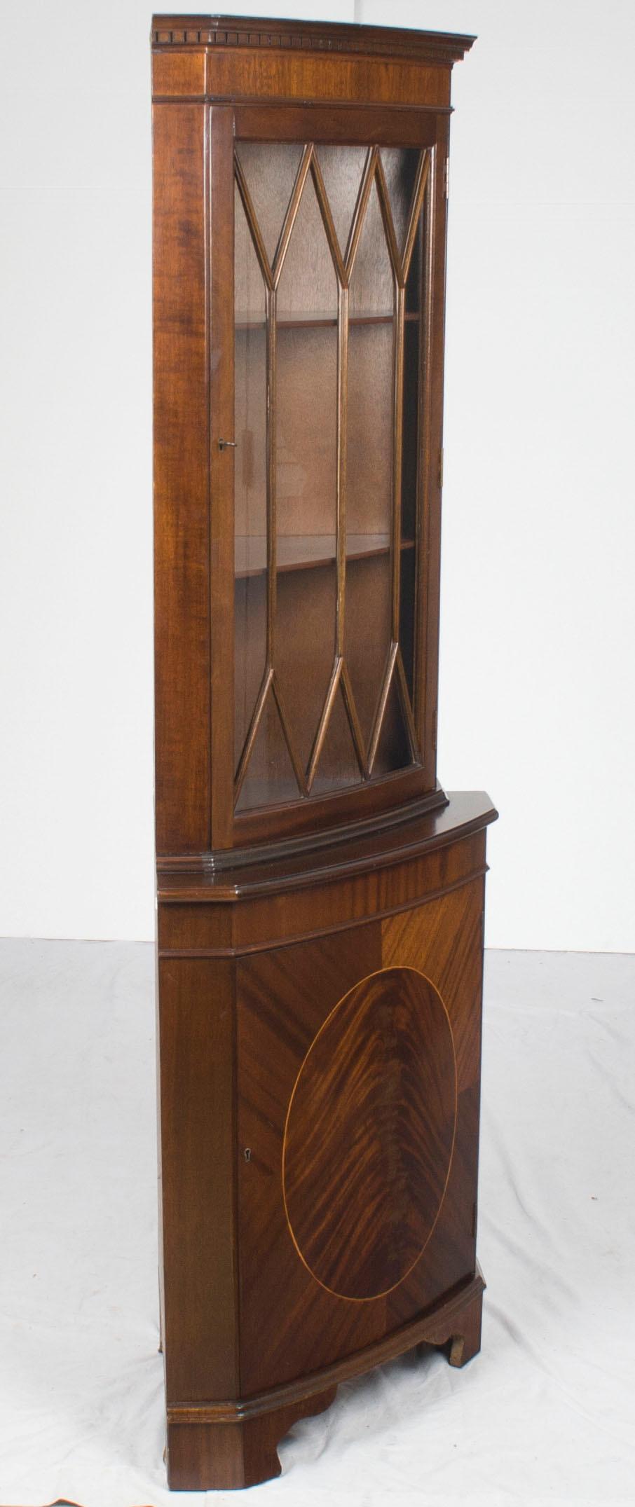 Georgian Tall Narrow Mahogany and Glass Corner Cabinet Cupboard Display Hutch For Sale