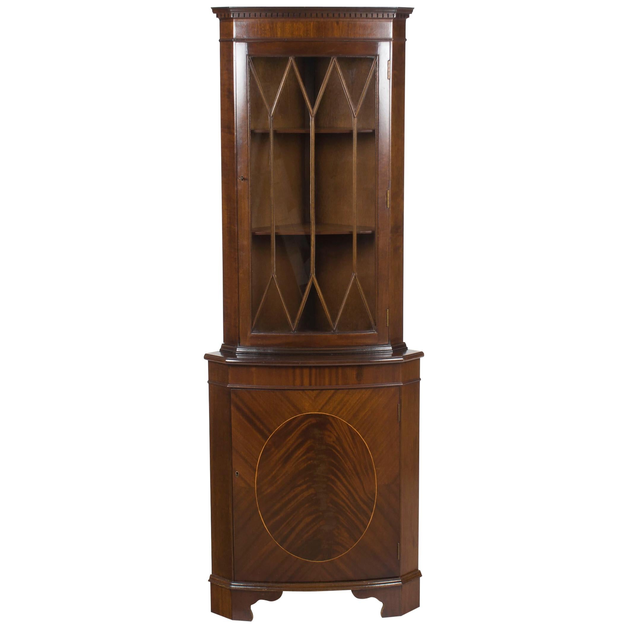 Tall Narrow Mahogany and Glass Corner Cabinet Cupboard Display Hutch For Sale