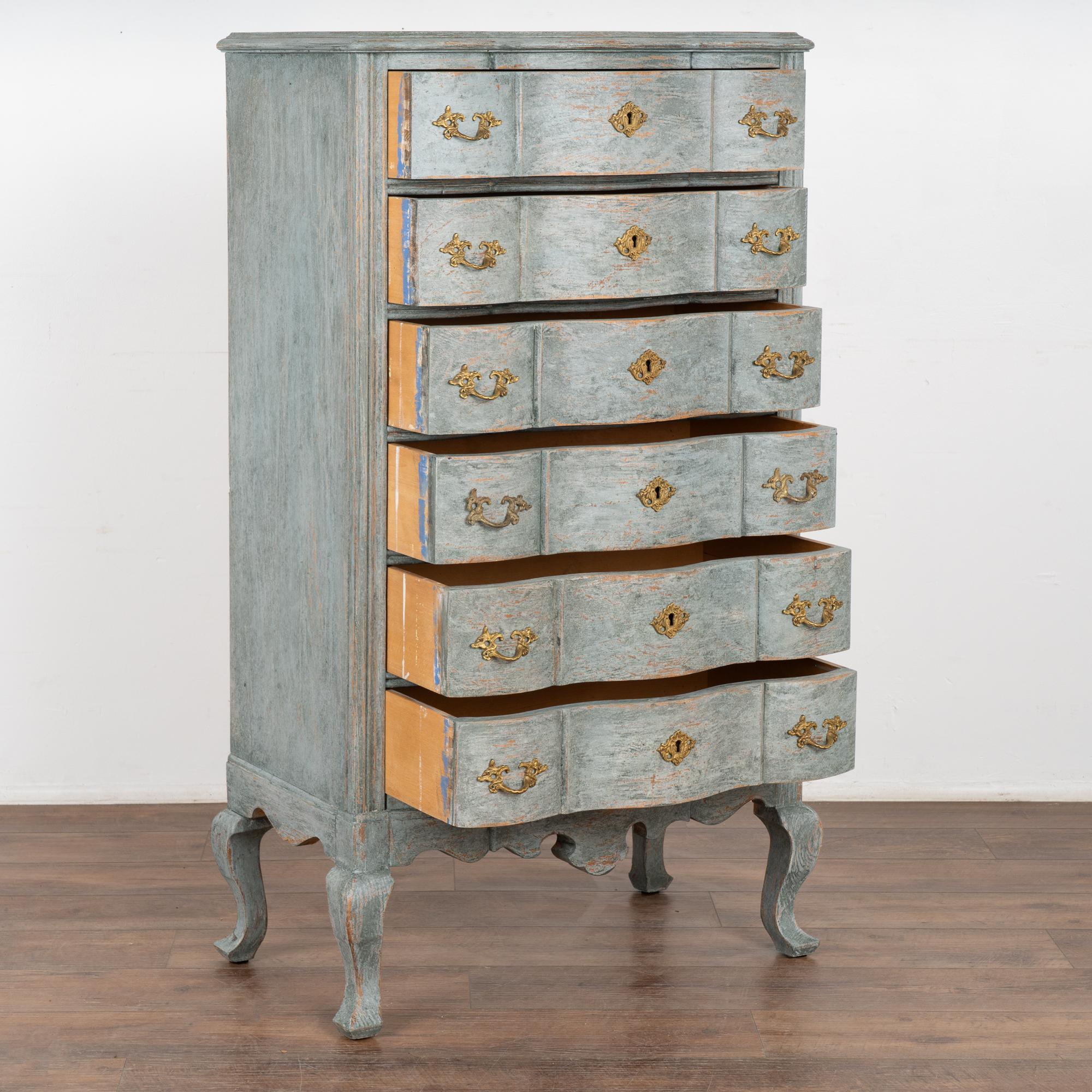 Swedish Tall Narrow Rococo Blue Chest of Six Drawers, Sweden circa 1890 For Sale