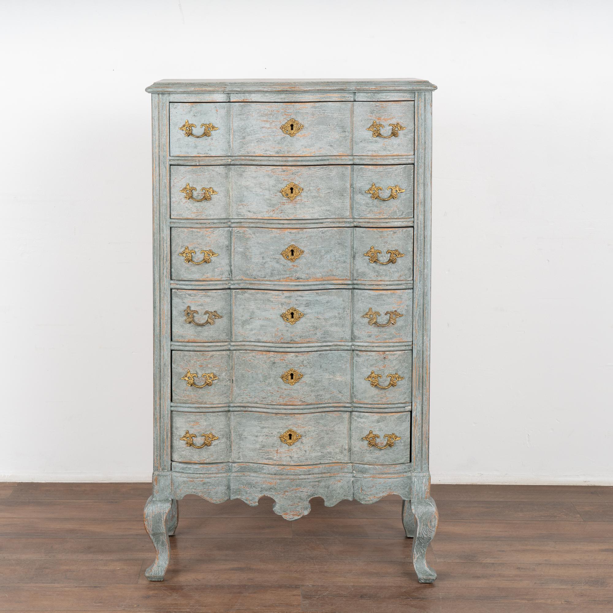 Tall Narrow Rococo Blue Chest of Six Drawers, Sweden circa 1890 In Good Condition For Sale In Round Top, TX