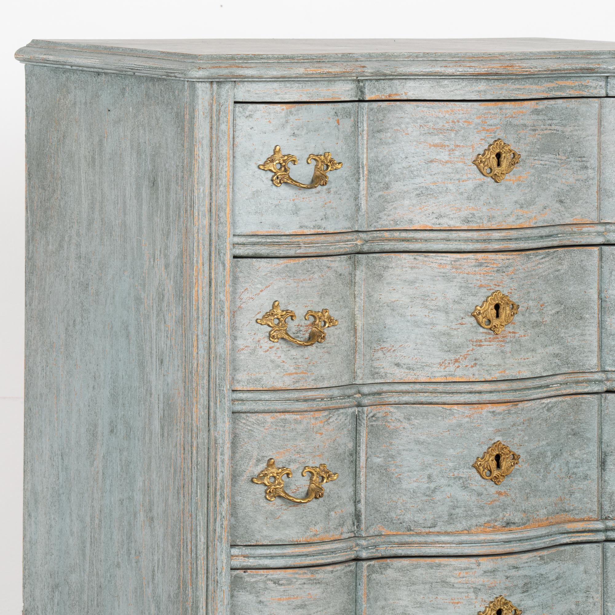 19th Century Tall Narrow Rococo Blue Chest of Six Drawers, Sweden circa 1890 For Sale