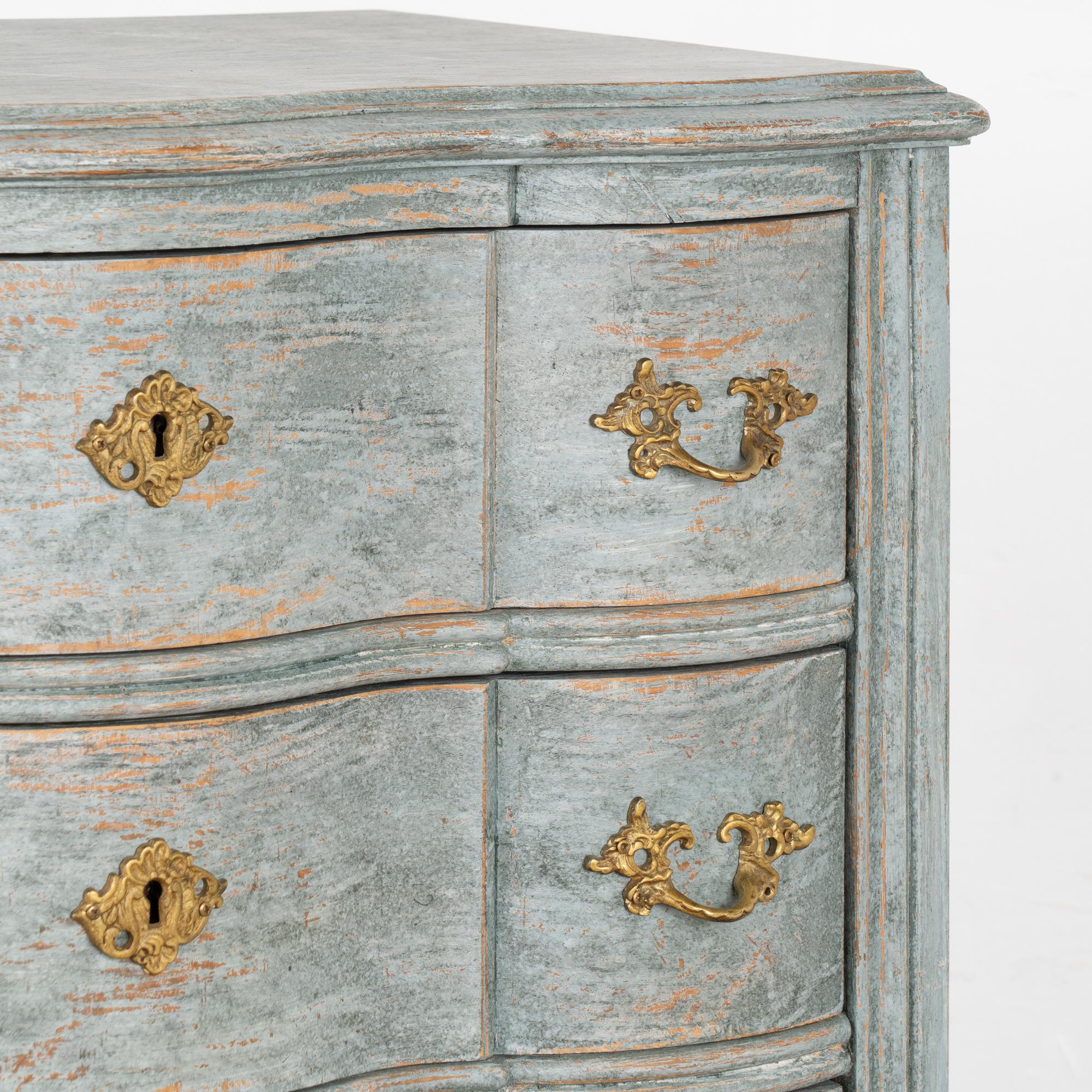Brass Tall Narrow Rococo Blue Chest of Six Drawers, Sweden circa 1890 For Sale