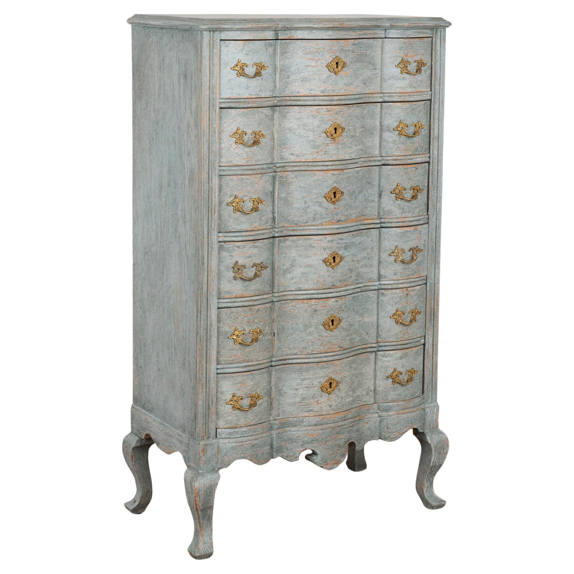 Tall Narrow Rococo Blue Chest of Six Drawers, Sweden circa 1890