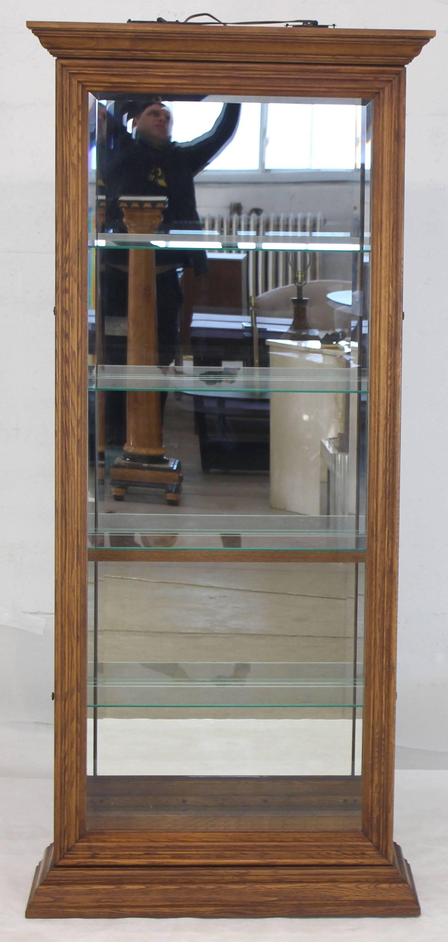 Tall Narrow Side Doors Beveled Glass Oak Curio Display Cabinet For