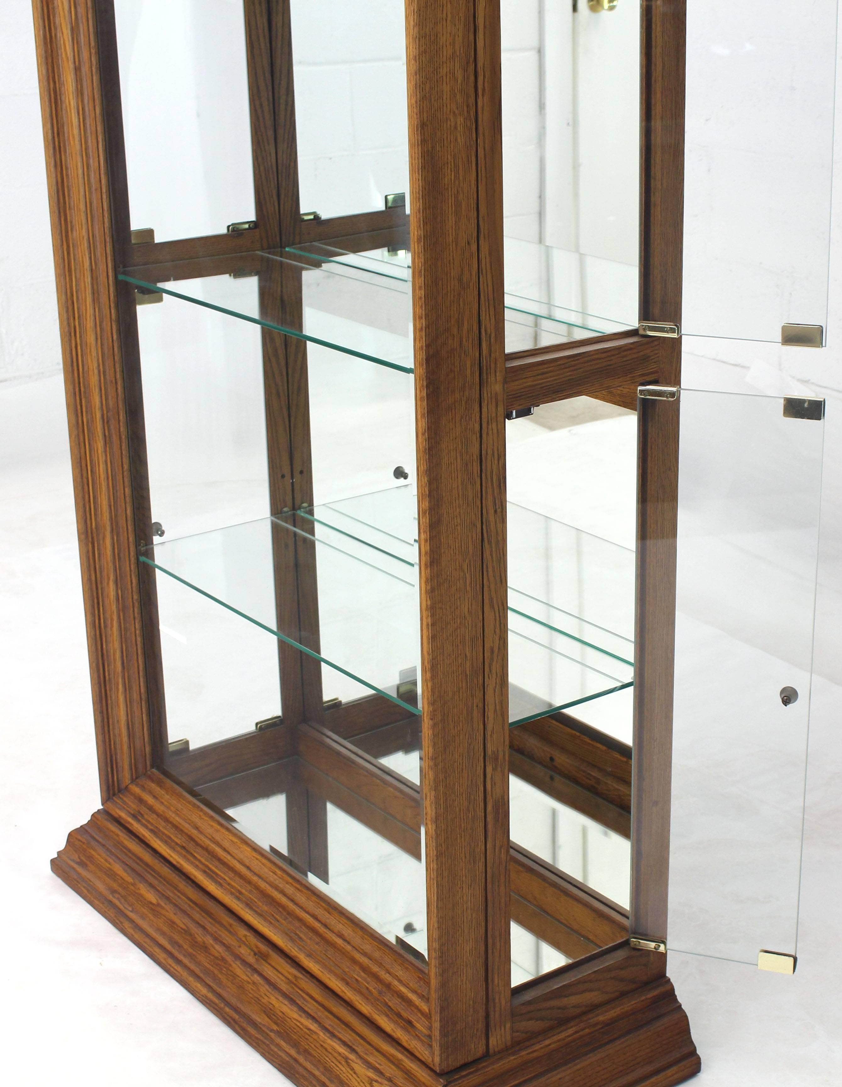 Mid-Century Modern Tall Narrow Side Doors Beveled Glass Oak Curio Display Cabinet