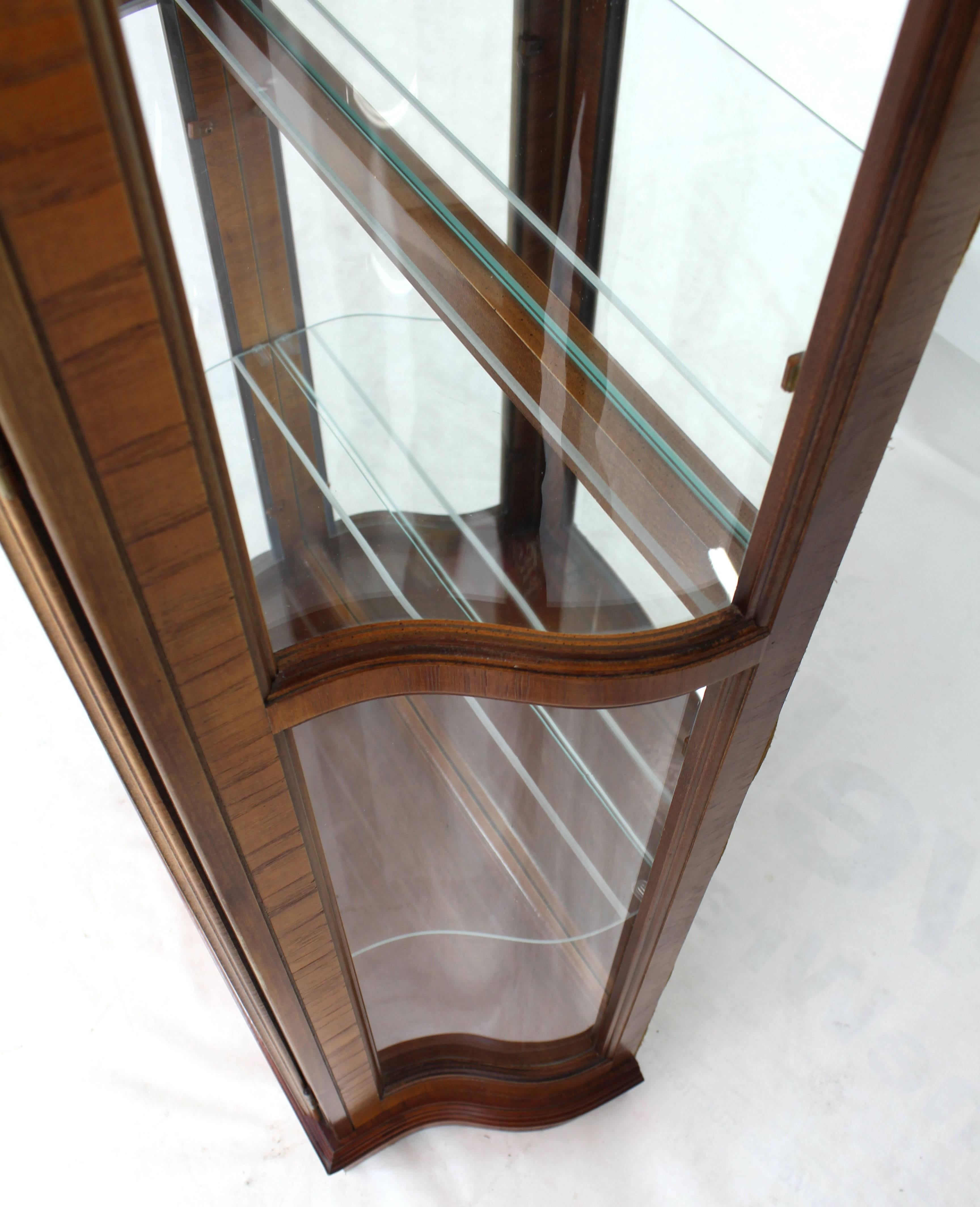 Tall Narrow Walnut and Mahogany Curved Glass Curio Cabinet 1