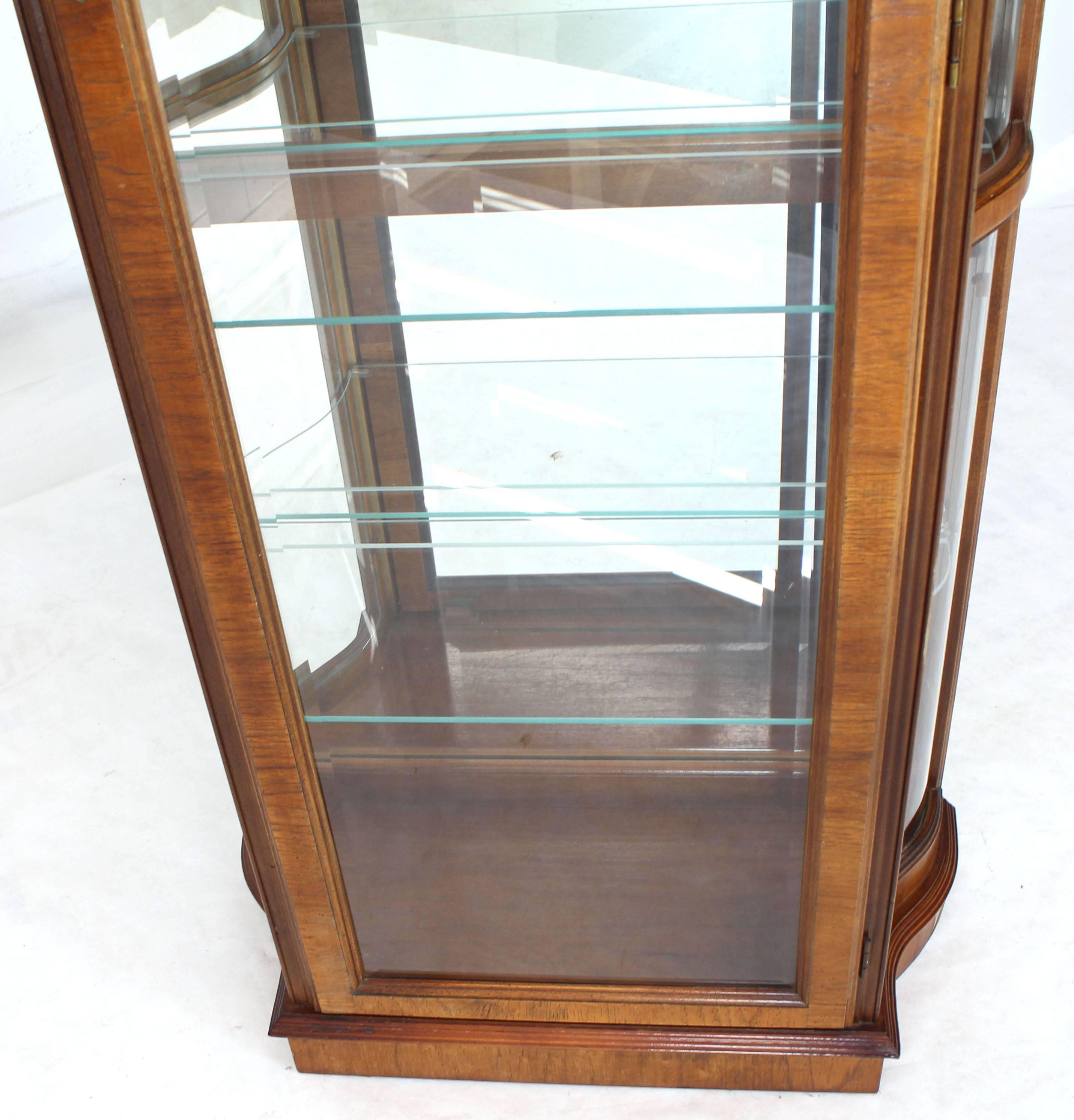 Neoclassical Tall Narrow Walnut and Mahogany Curved Glass Curio Cabinet