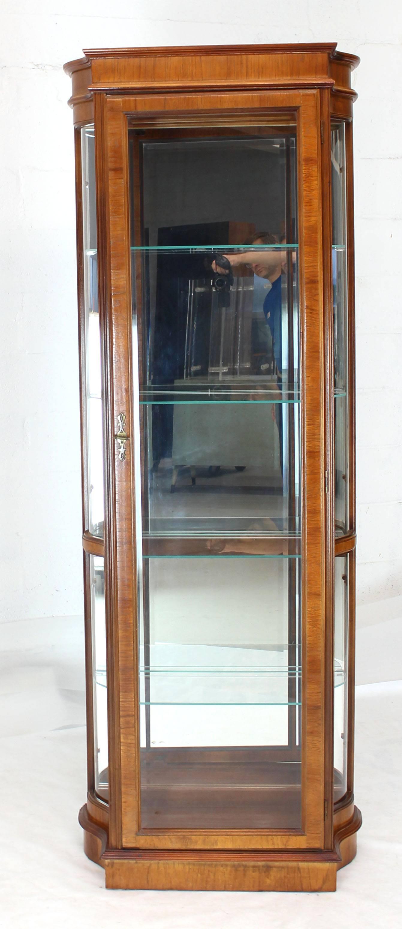 American Tall Narrow Walnut and Mahogany Curved Glass Curio Cabinet