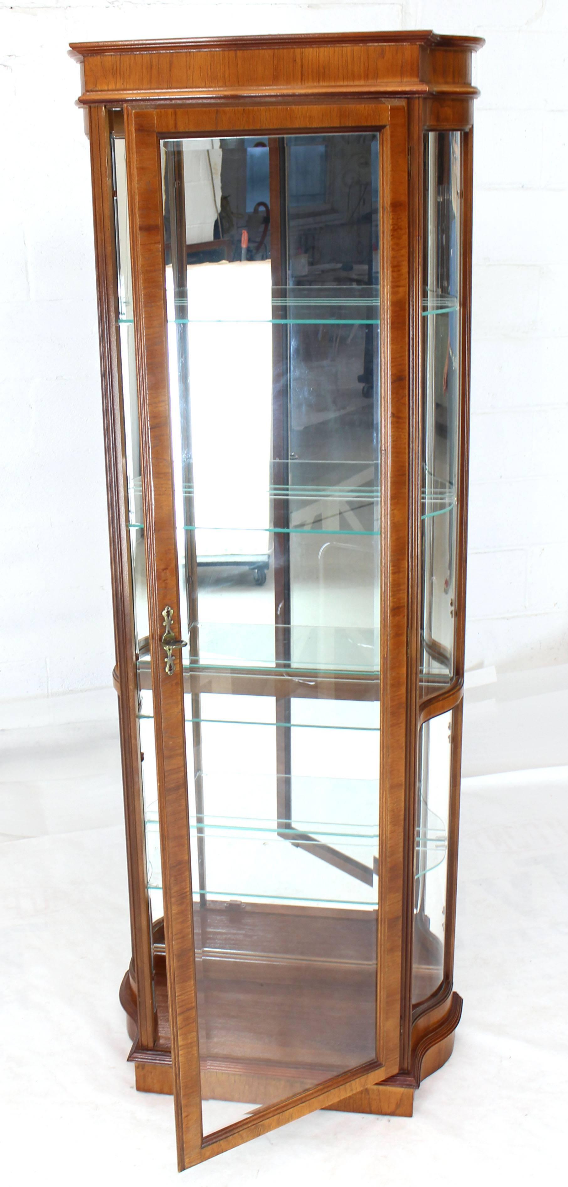 Lacquered Tall Narrow Walnut and Mahogany Curved Glass Curio Cabinet
