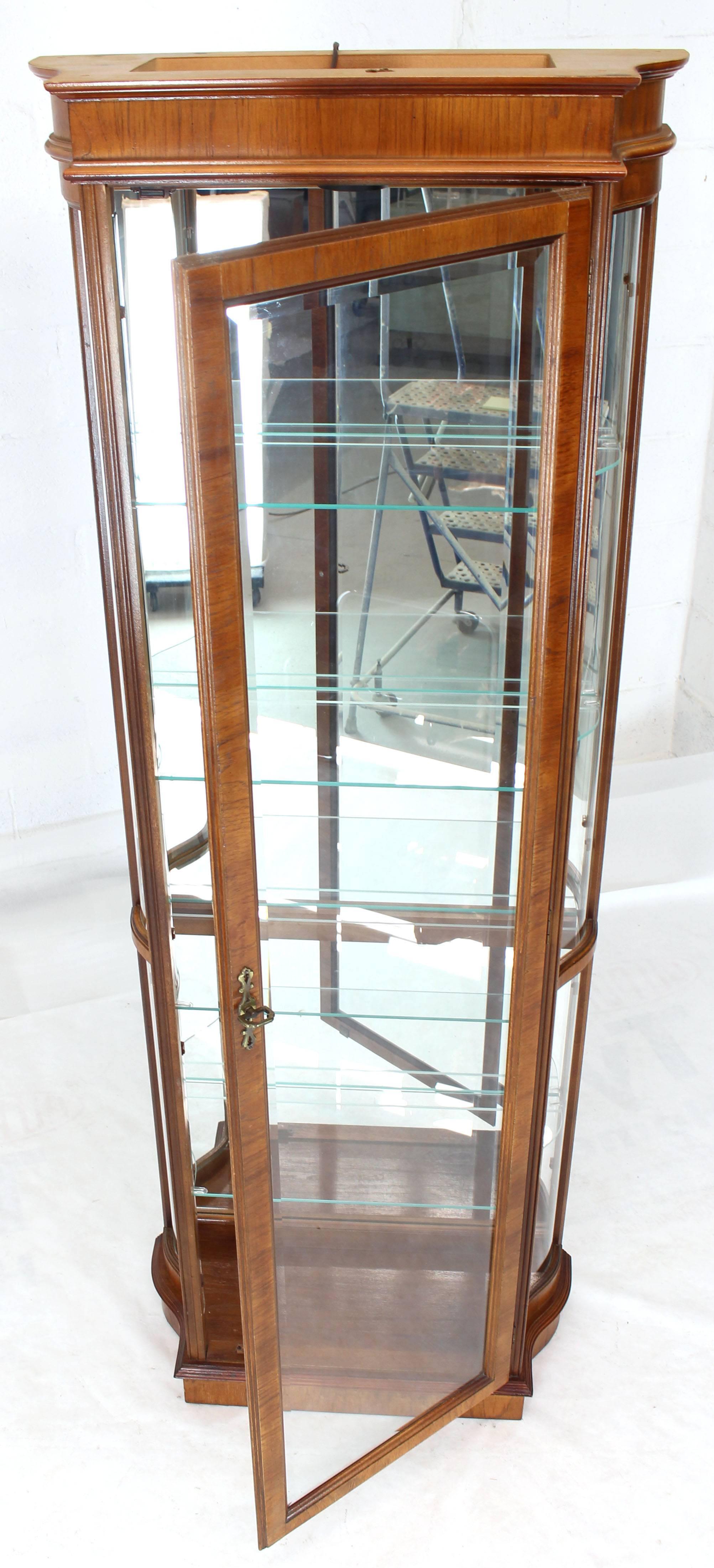 Tall Narrow Walnut and Mahogany Curved Glass Curio Cabinet In Excellent Condition In Rockaway, NJ