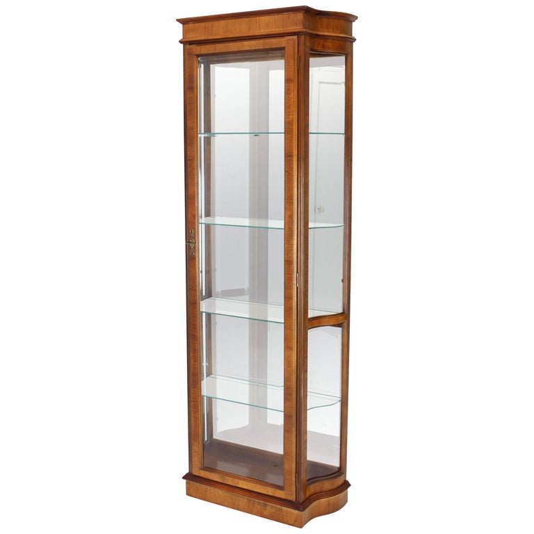 Tall Narrow Walnut And Mahogany Curved Glass Curio Cabinet At 1stdibs