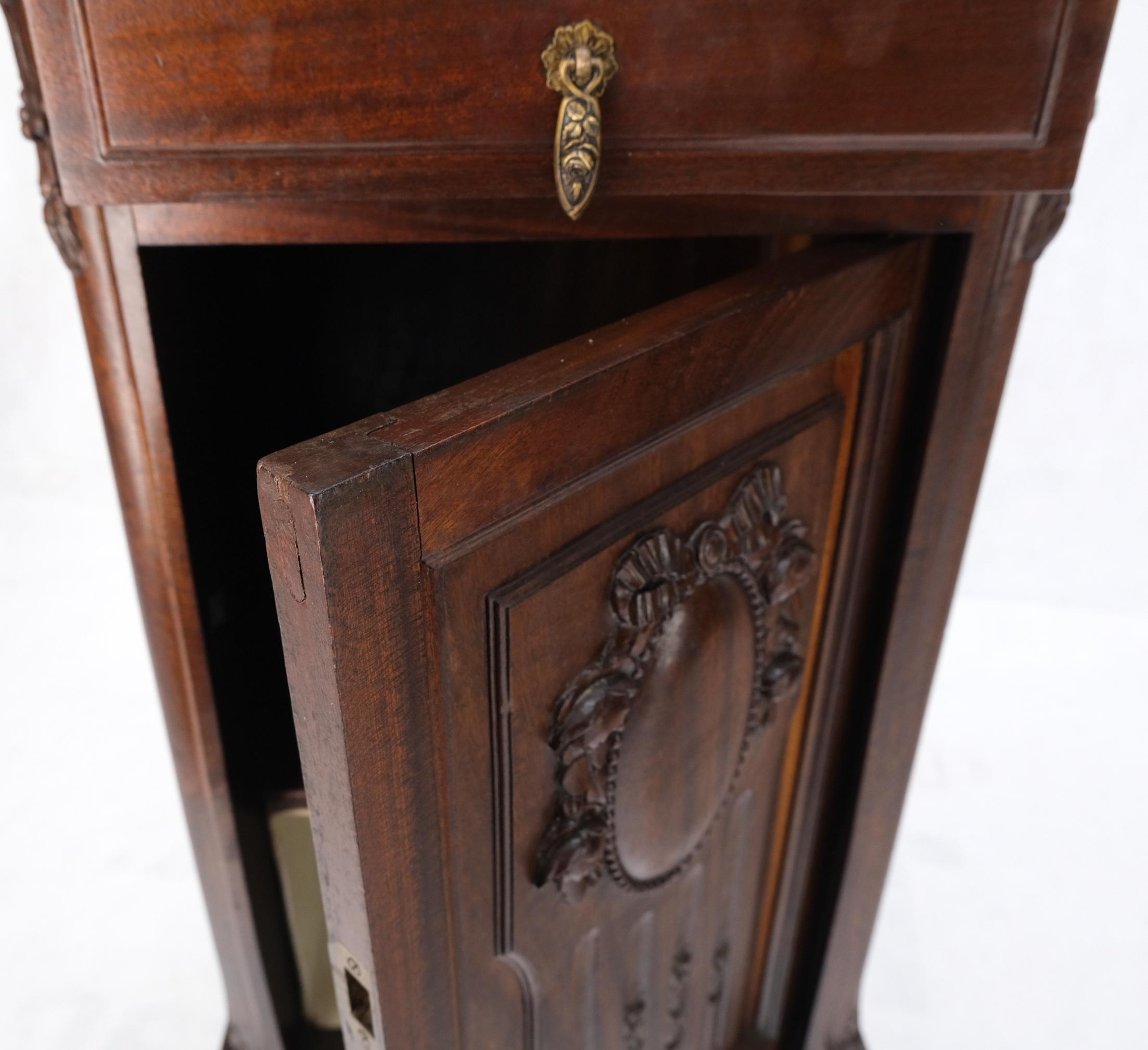 Tall Narrow Walnut Marble Top Night Stands End Table Cabinet Porcelain Insert In Good Condition For Sale In Rockaway, NJ