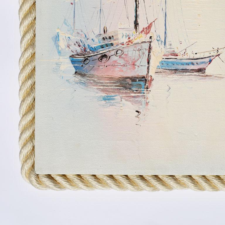 Autre Grande peinture de voilier nautique avec cadre en corde, signée en vente