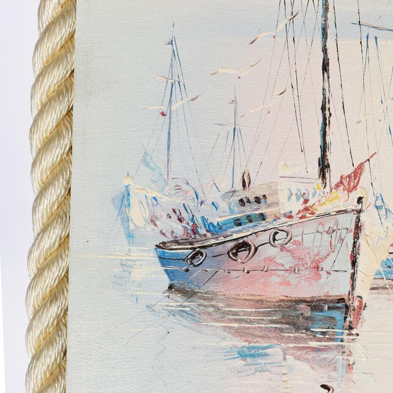 Américain Grande peinture de voilier nautique avec cadre en corde, signée en vente