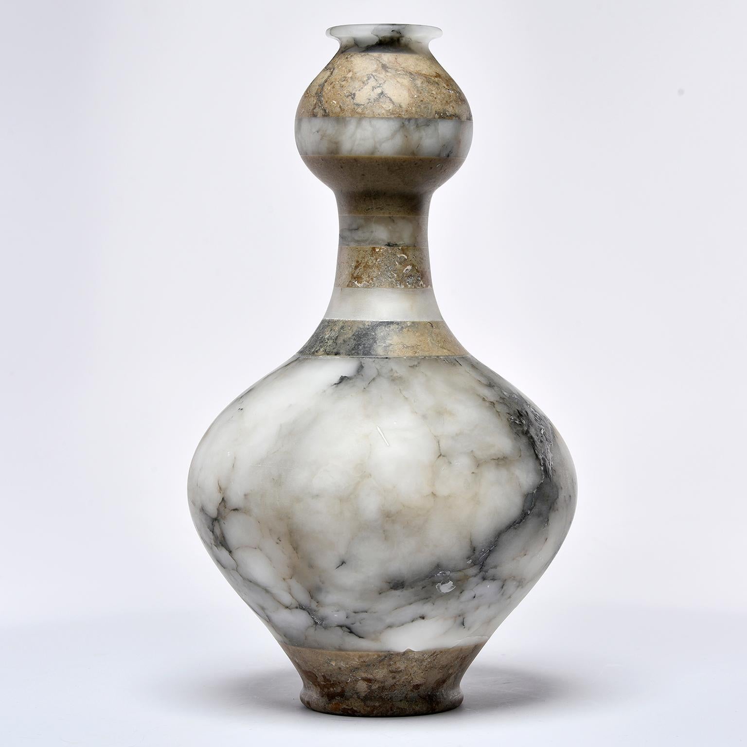 Custom made for us in Italy, this tall neck vase is made of Bardiglio marble and alabaster.