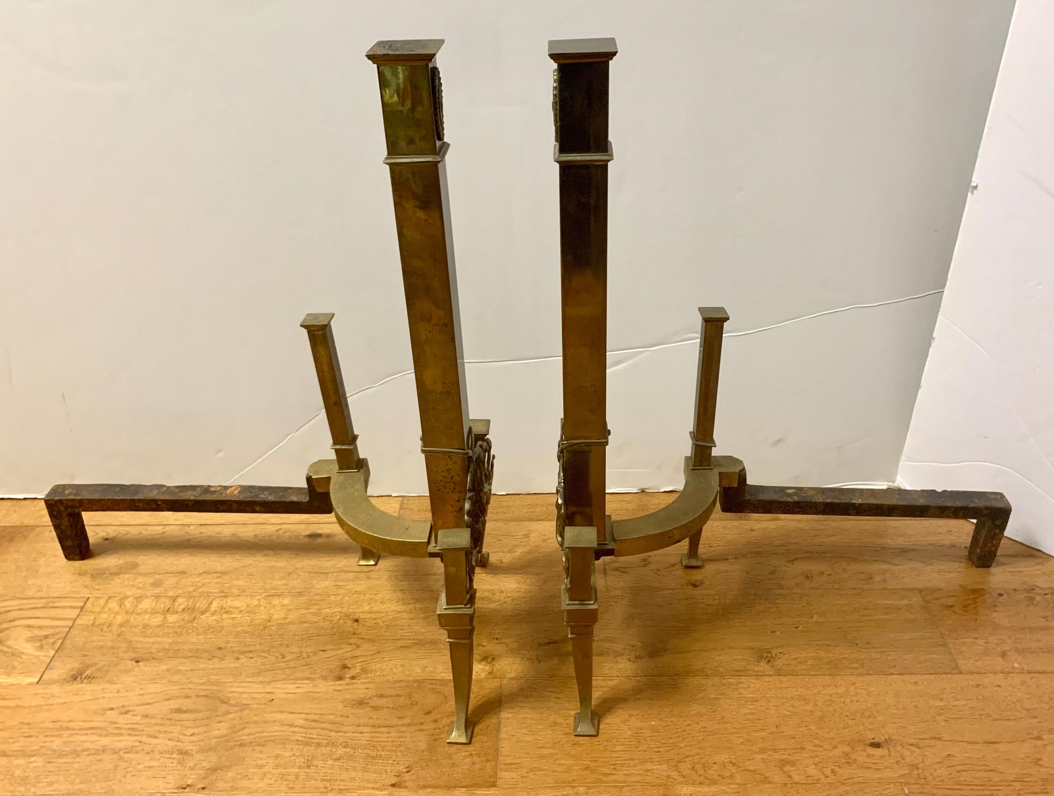 Tall Neoclassical Brass Ornate Column Form Andirons  In Good Condition For Sale In West Hartford, CT