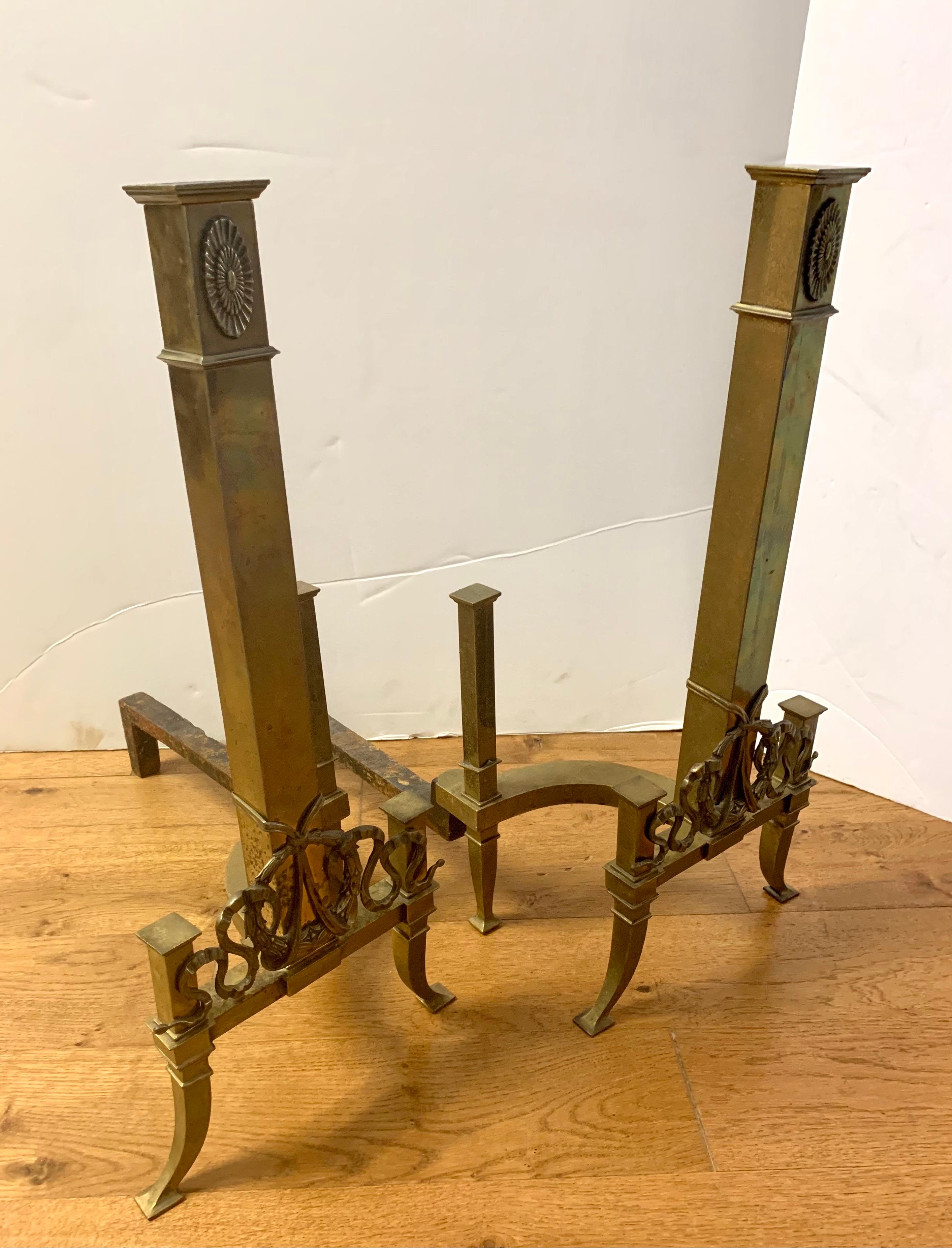 20th Century Tall Neoclassical Brass Ornate Column Form Andirons  For Sale